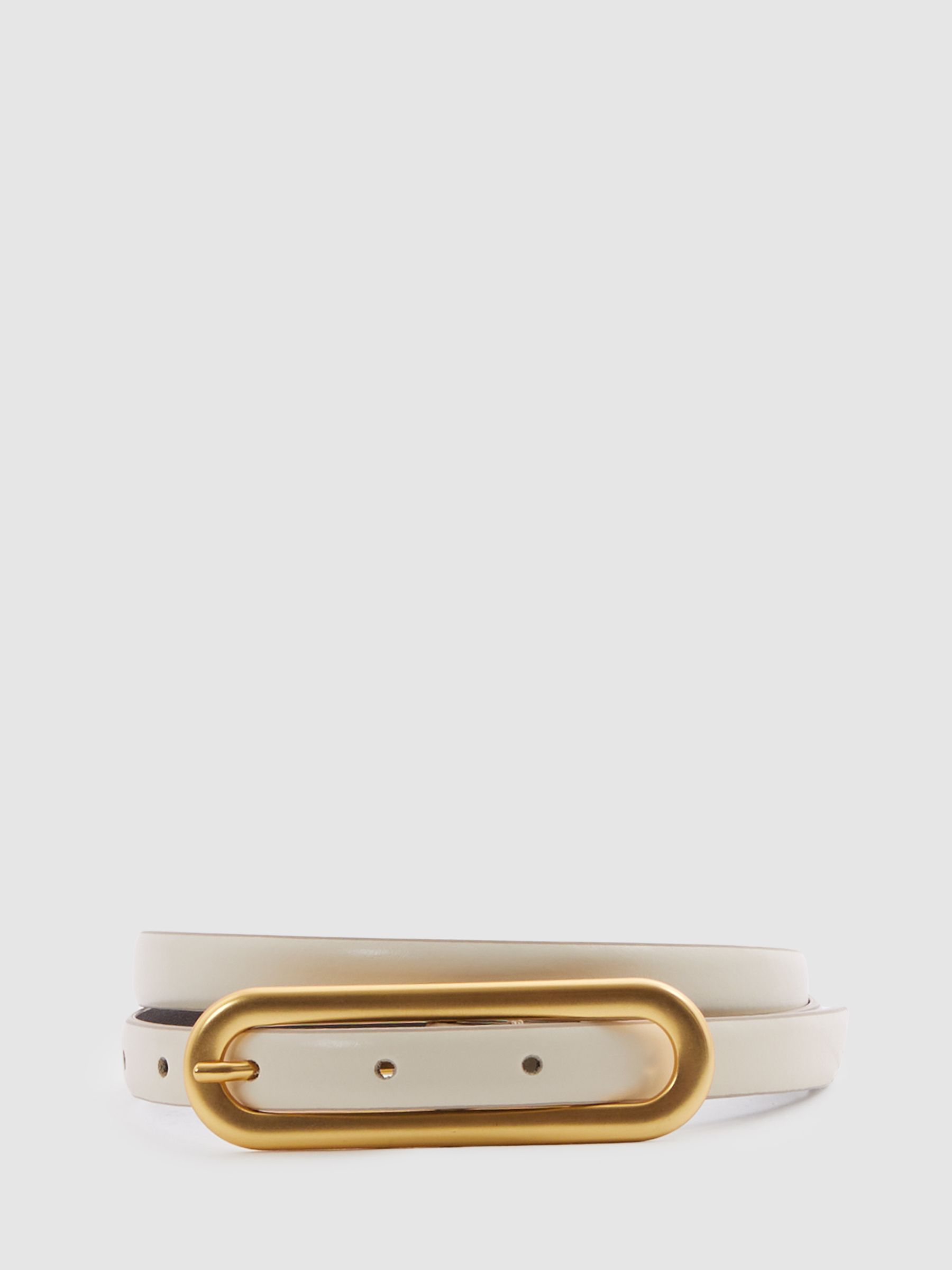 Thin Leather Elongated Buckle Belt in Off White