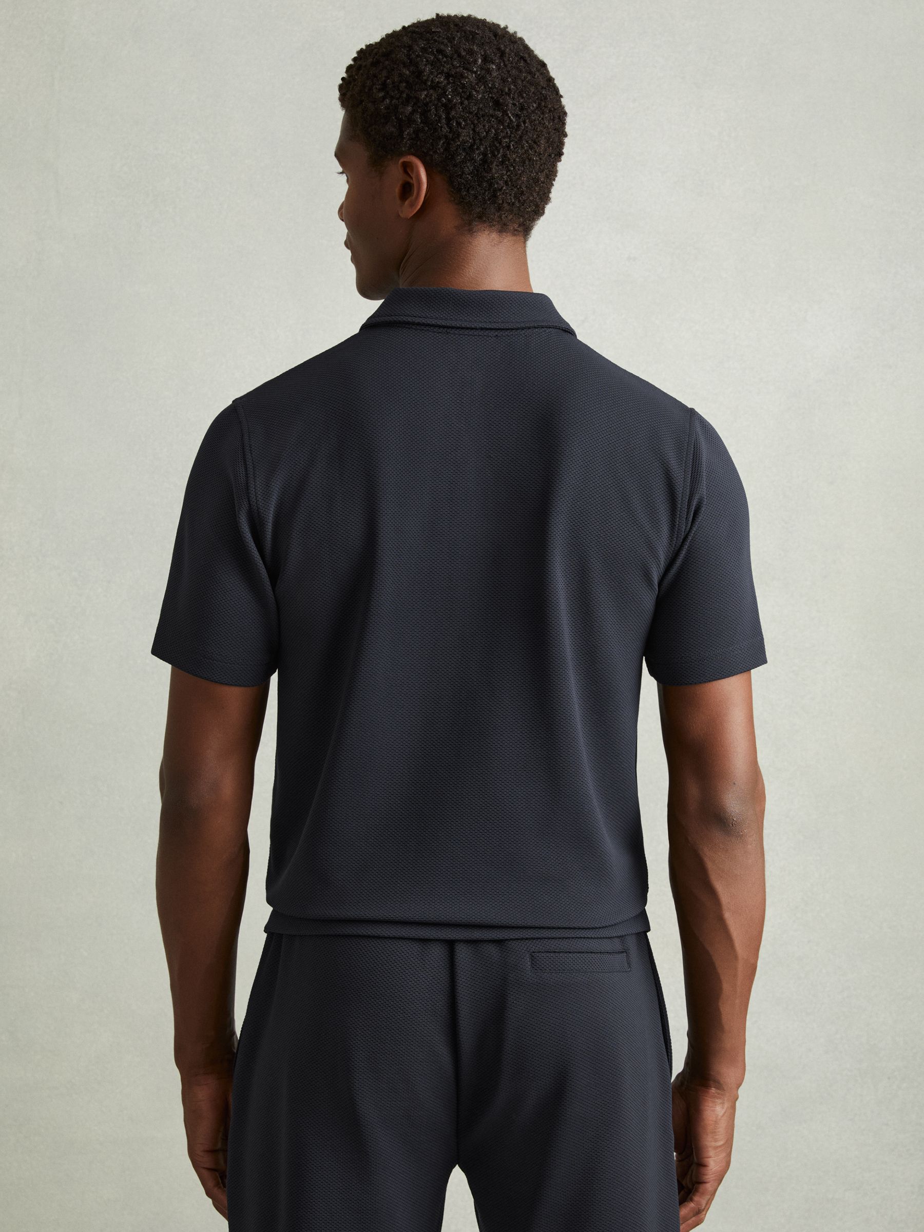 Textured Zip-Neck Polo Shirt in Navy