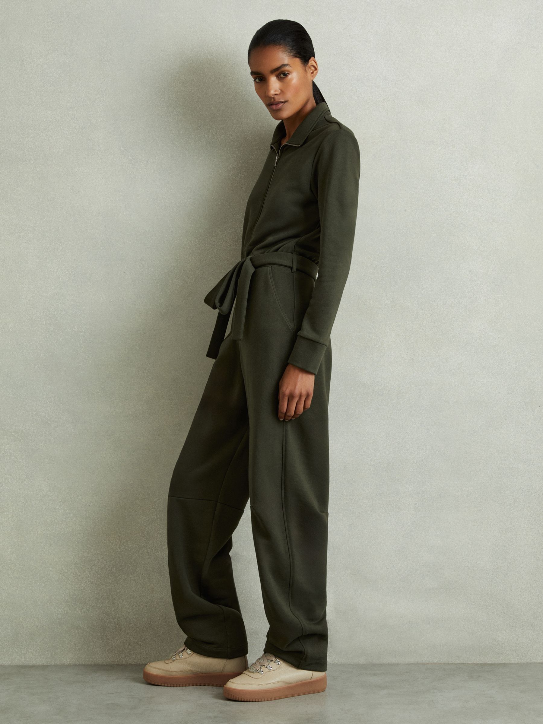 Belted Loopback-Jersey Jumpsuit in Khaki