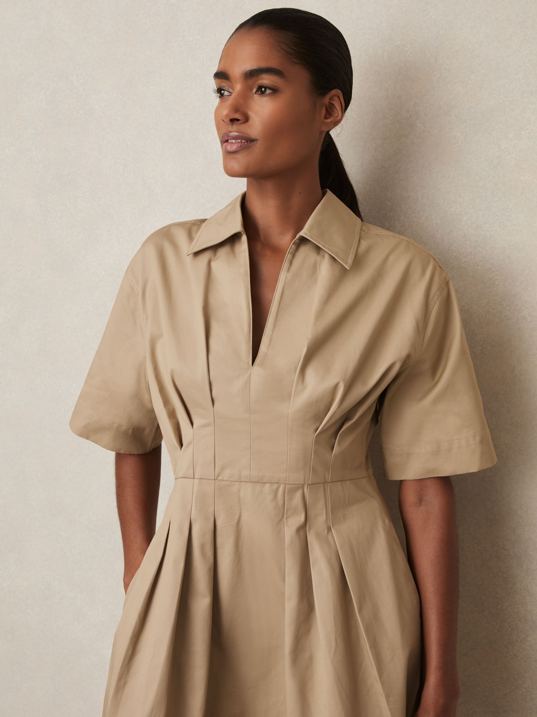 Cotton Pleated Shirt Dress in Neutral