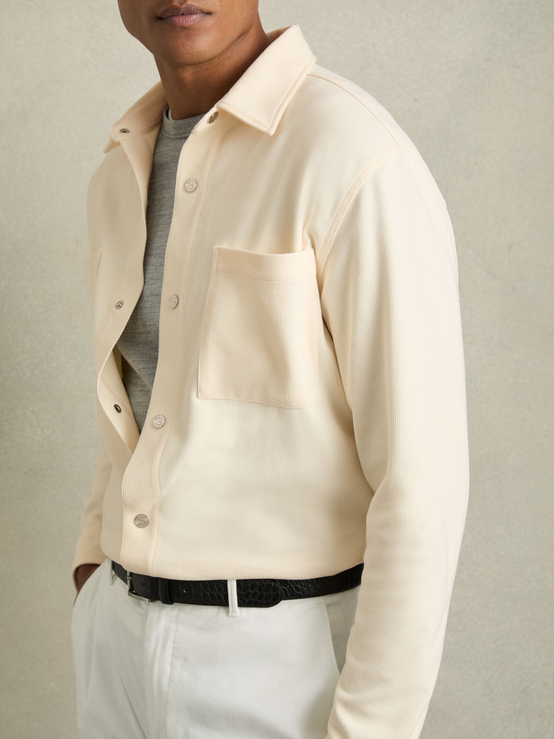 Brushed Corduroy Press-Stud Overshirt in Off White