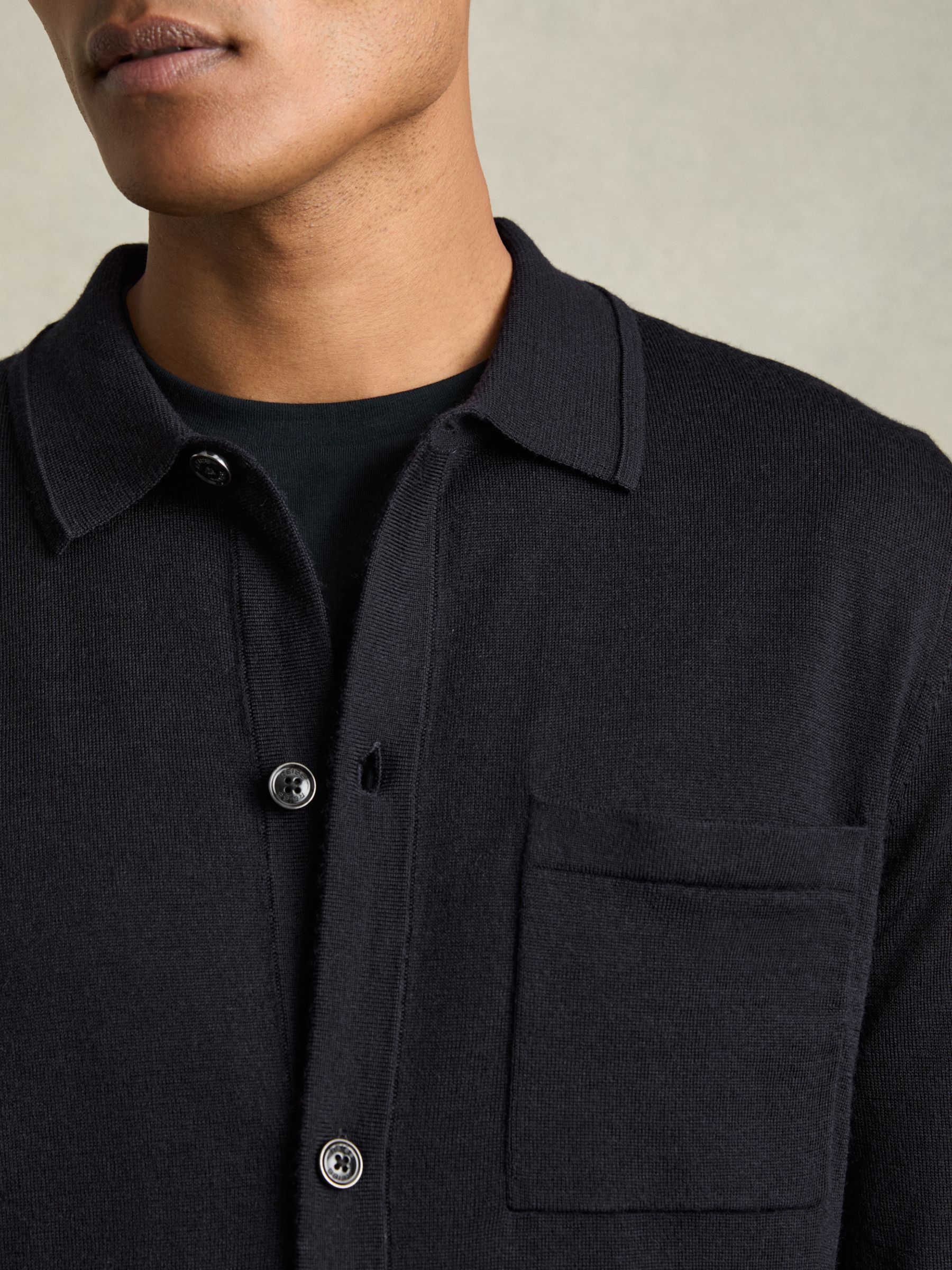 Merino Wool Button-Through Cardigan in Navy