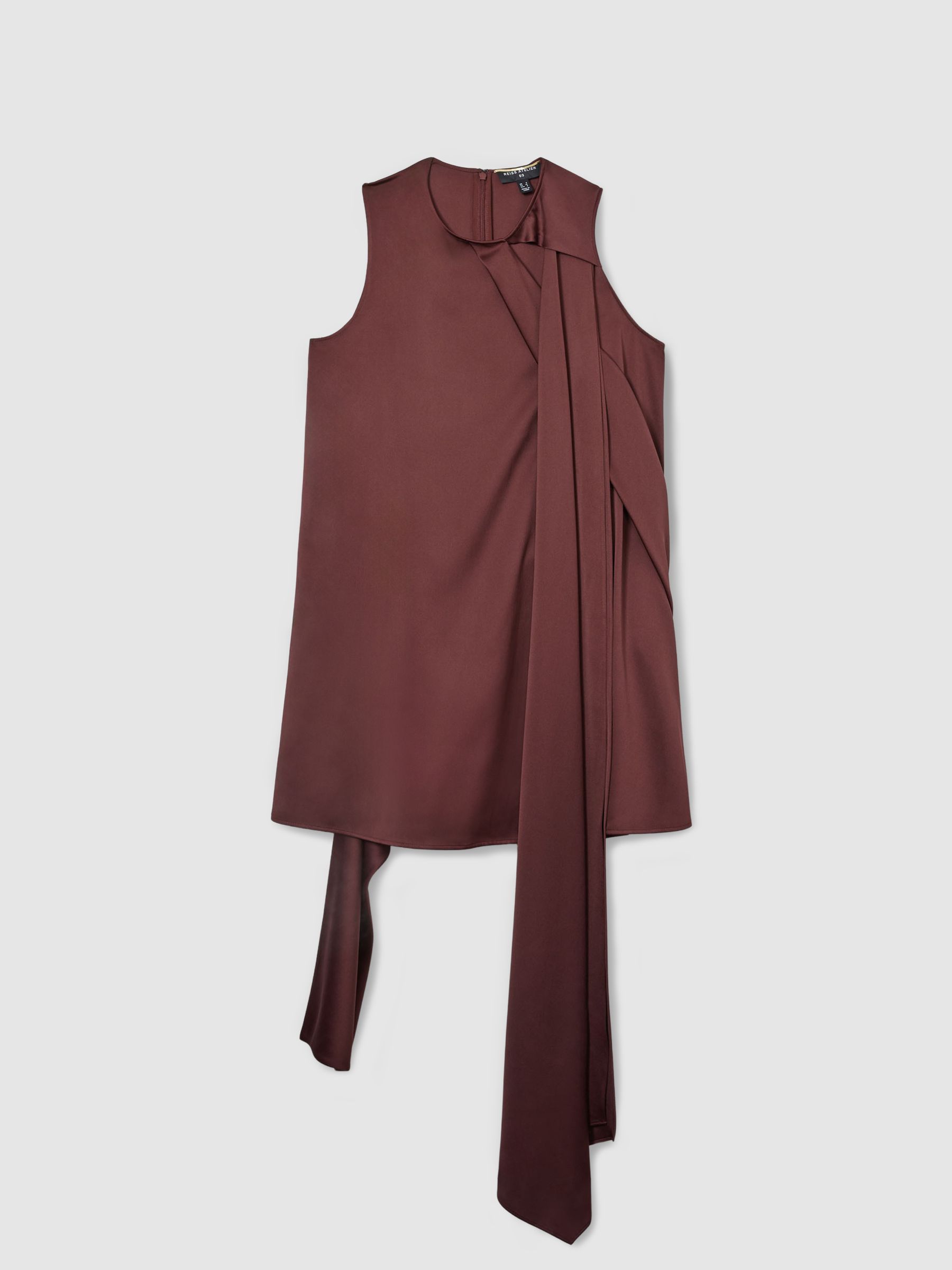 Atelier Satin Draped-Sash Mini Dress in Burgundy