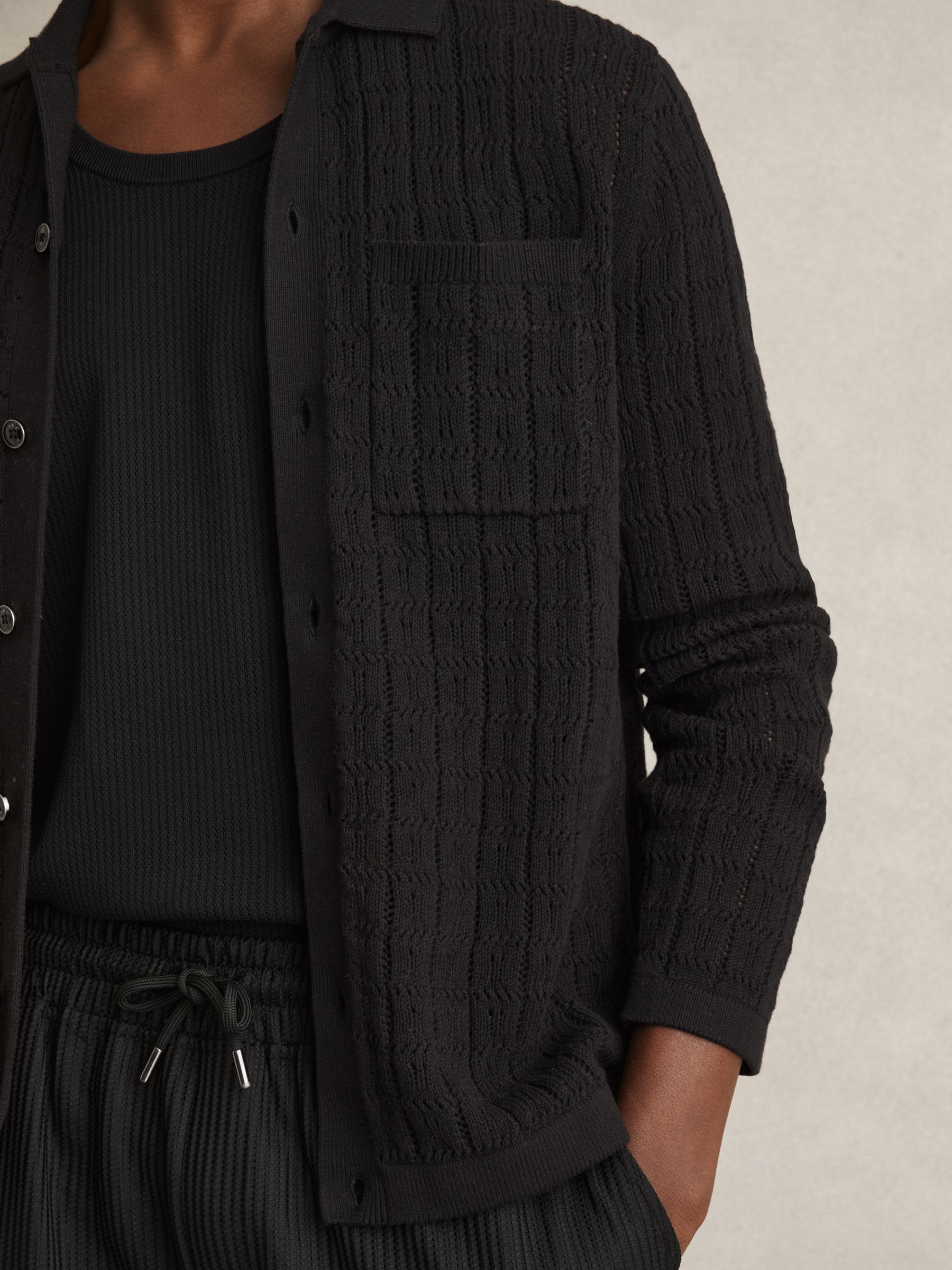 Cotton-Blend Textured Knit Shirt in Black