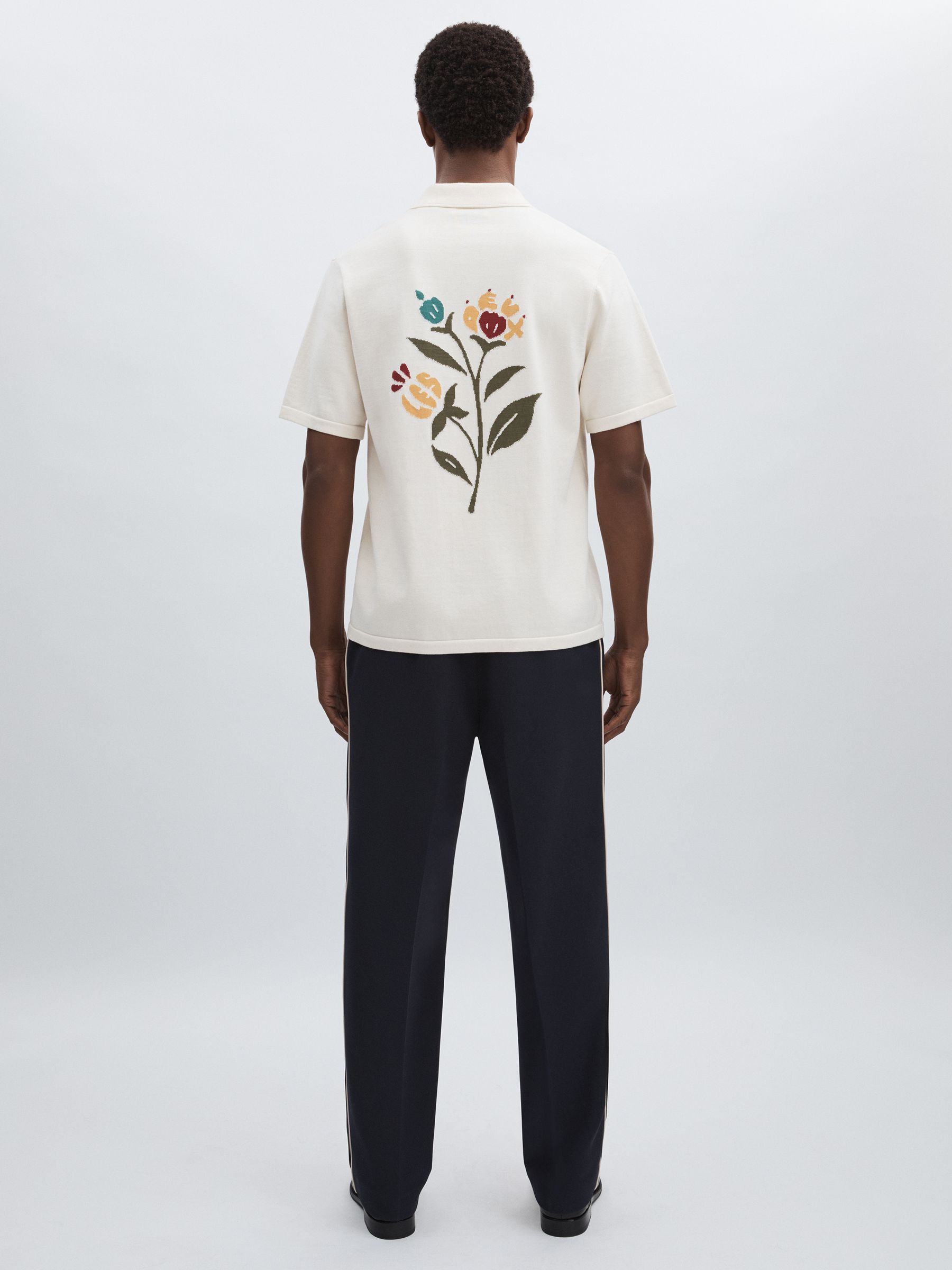 Floral Motif Knit 100% Cotton Shirt in Ivory Print