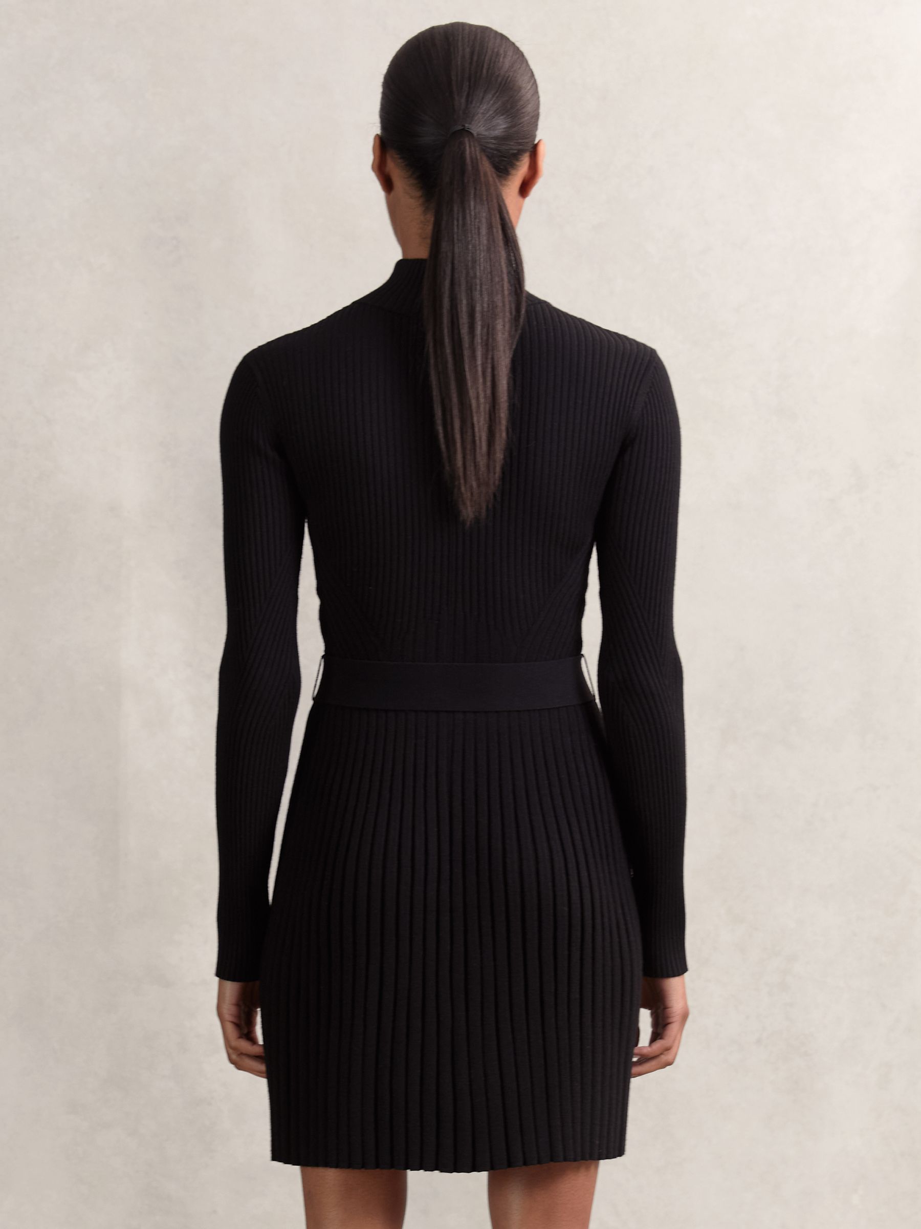 Rib-Knit Belted Half-Zip Flippy Dress in Black