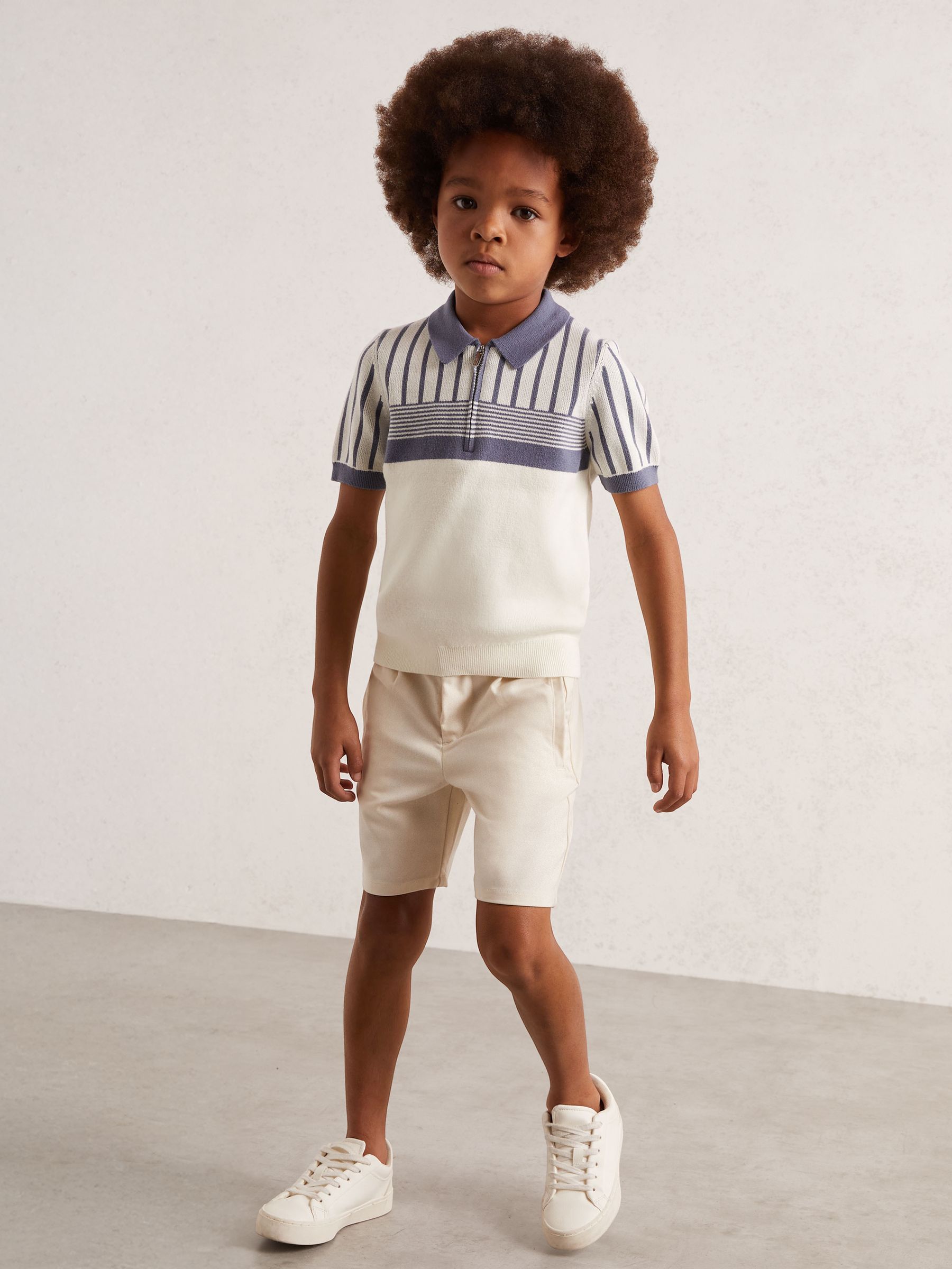 13-14 yrs Cotton Stripe Knit Half-Zip Polo Shirt in Off White/ Airforce Blue