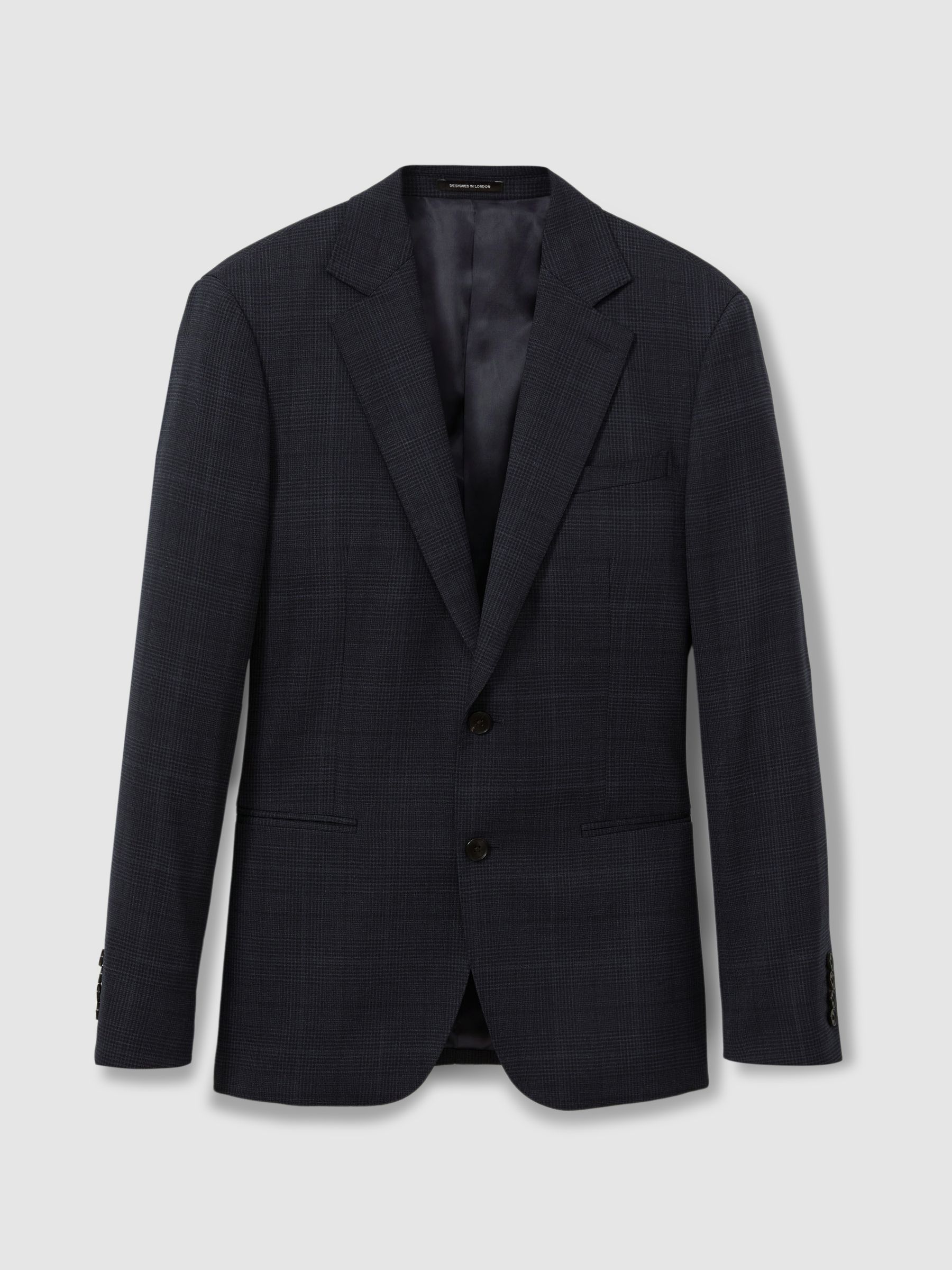 Single-Breasted Wool Blend Blazer in Prince of Wales Check in Navy