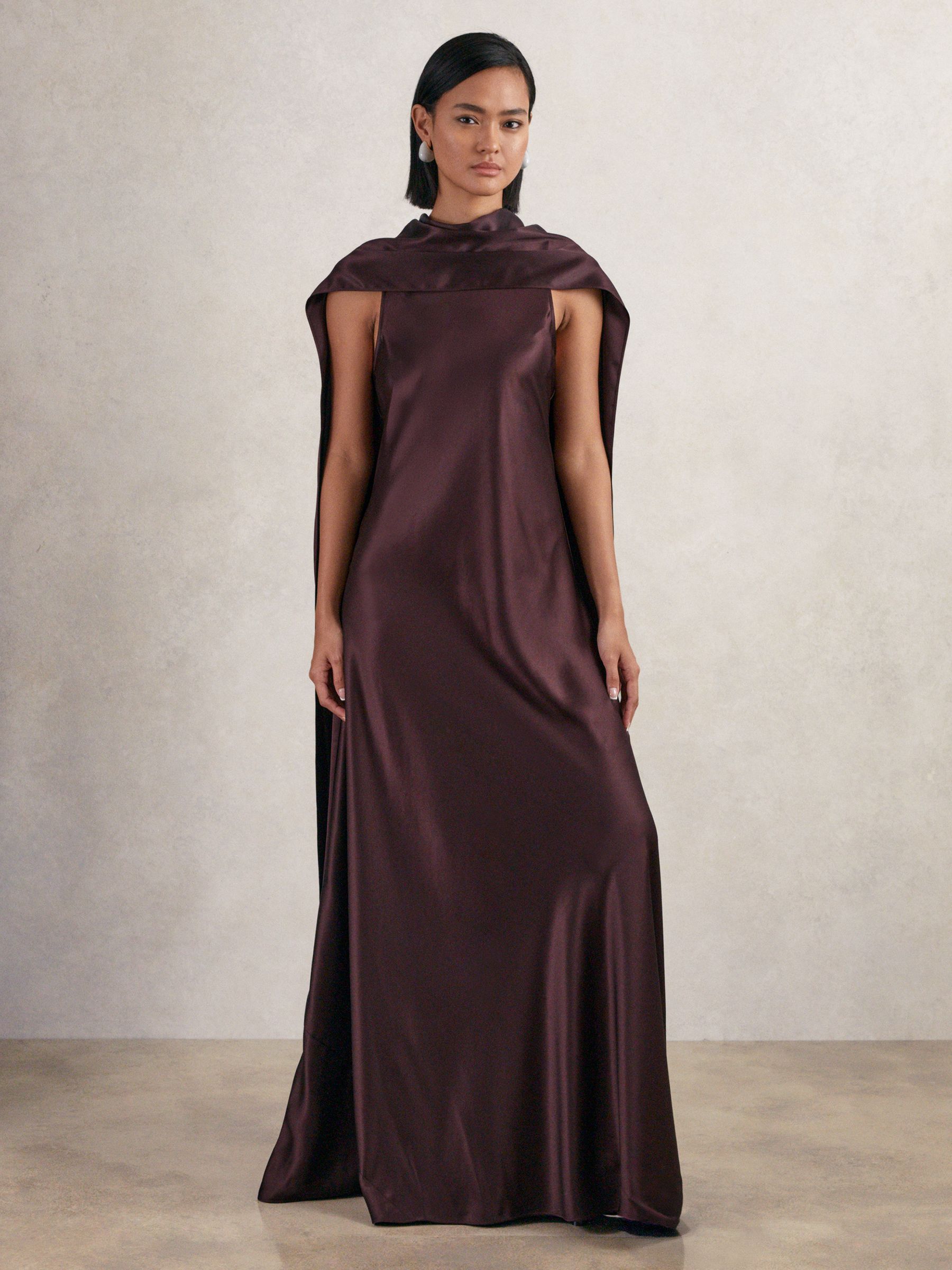 Petite Satin Cape Maxi Dress in Burgundy