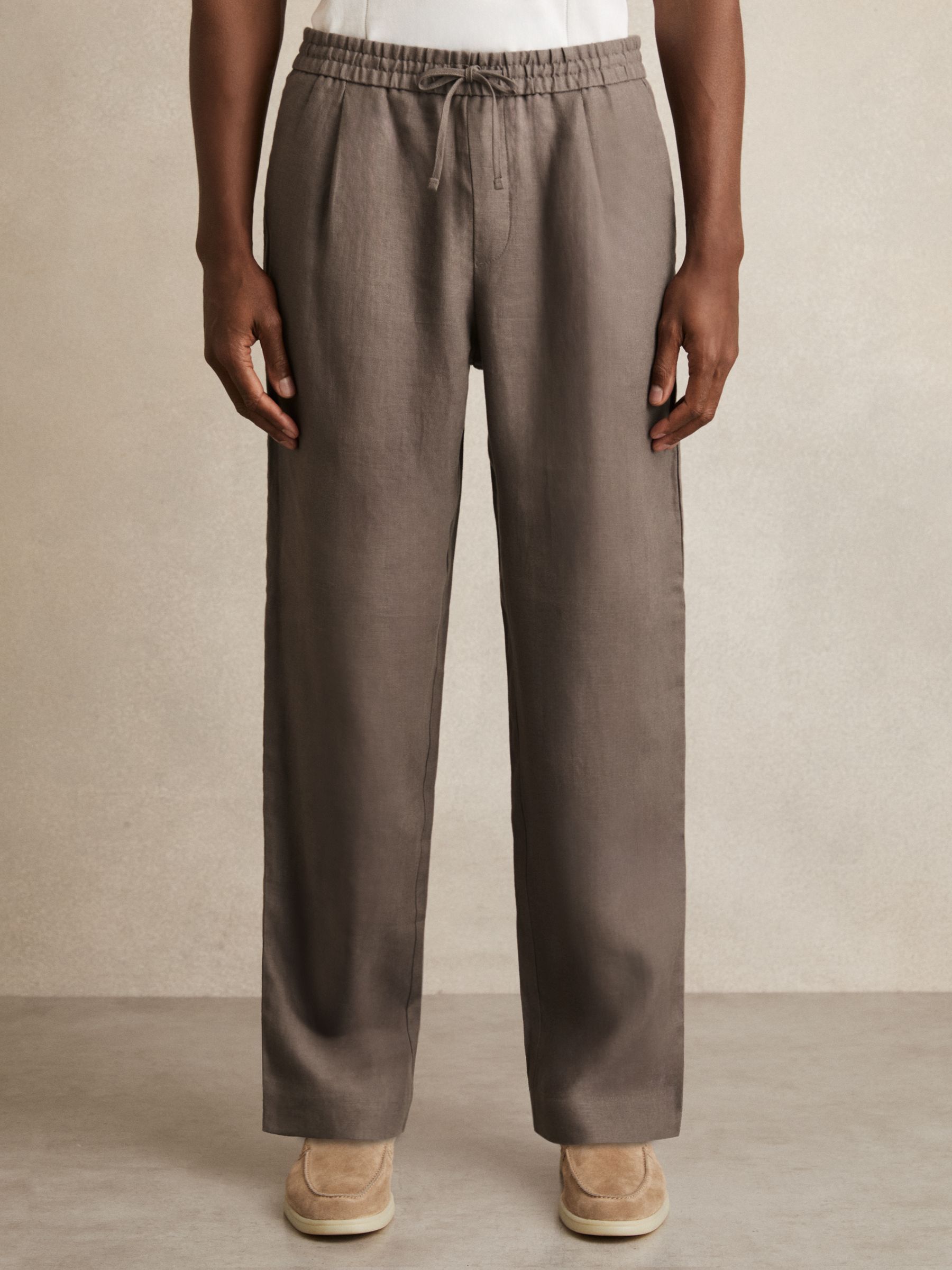 Linen Drawstring Relaxed-Fit Trousers in Mushroom Brown