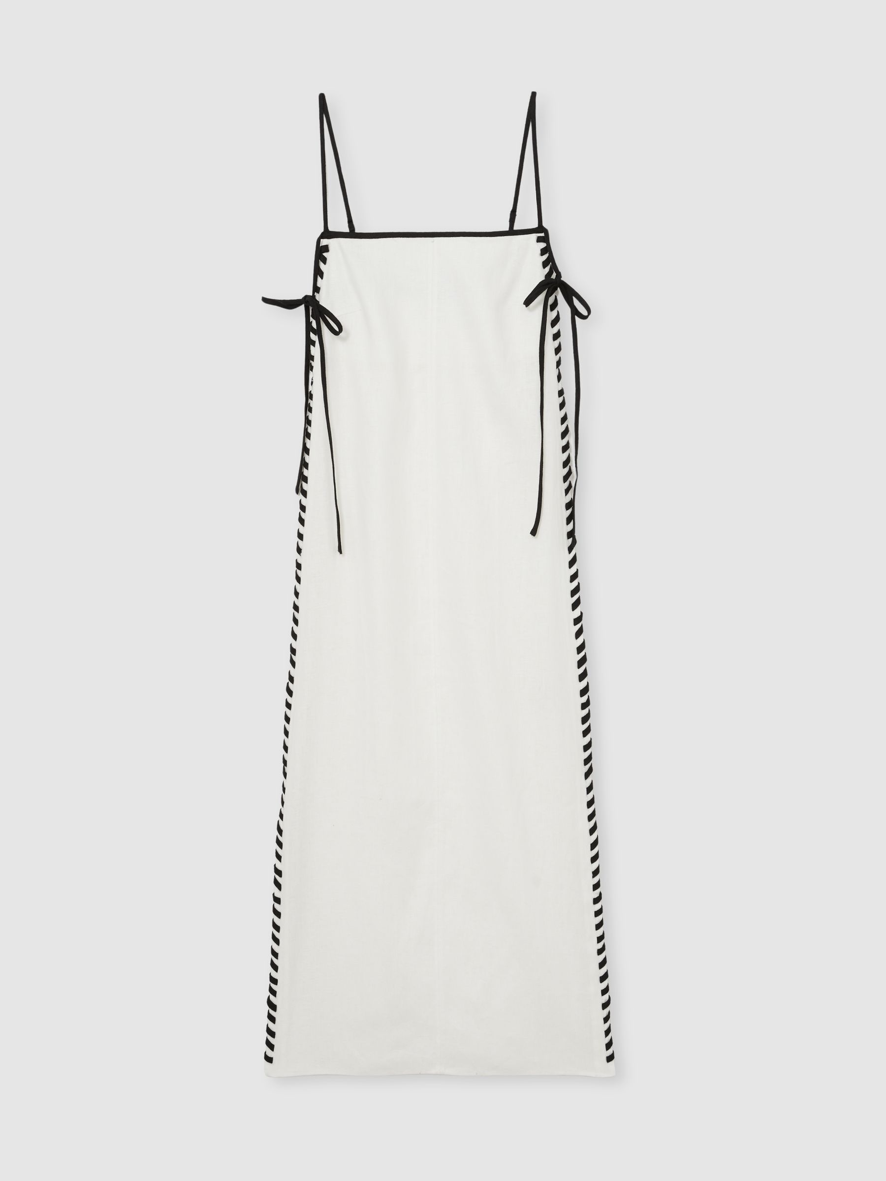 Linen Whipstitch Tie-Strap Midi Dress in Ivory
