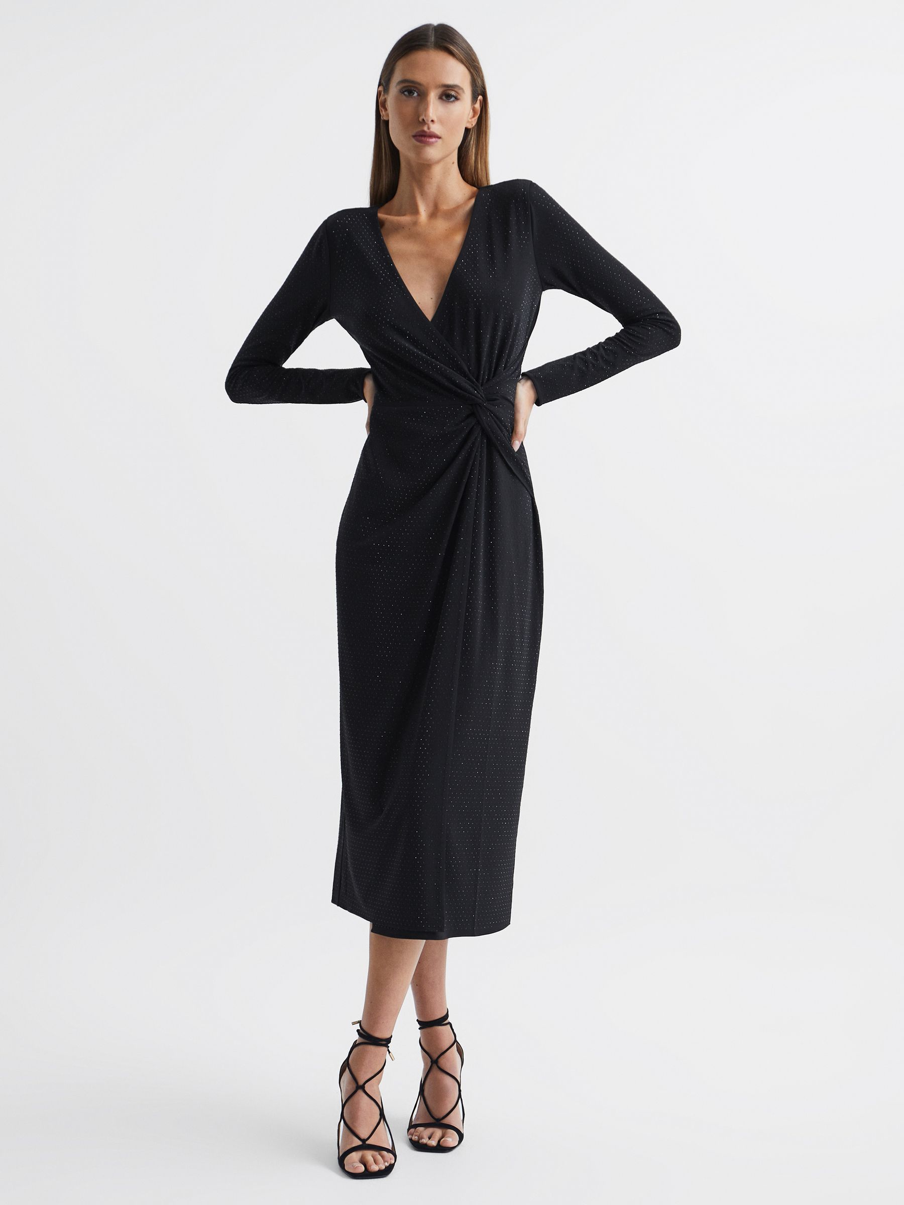 Halston Crystal Jersey Midi Dress in Black