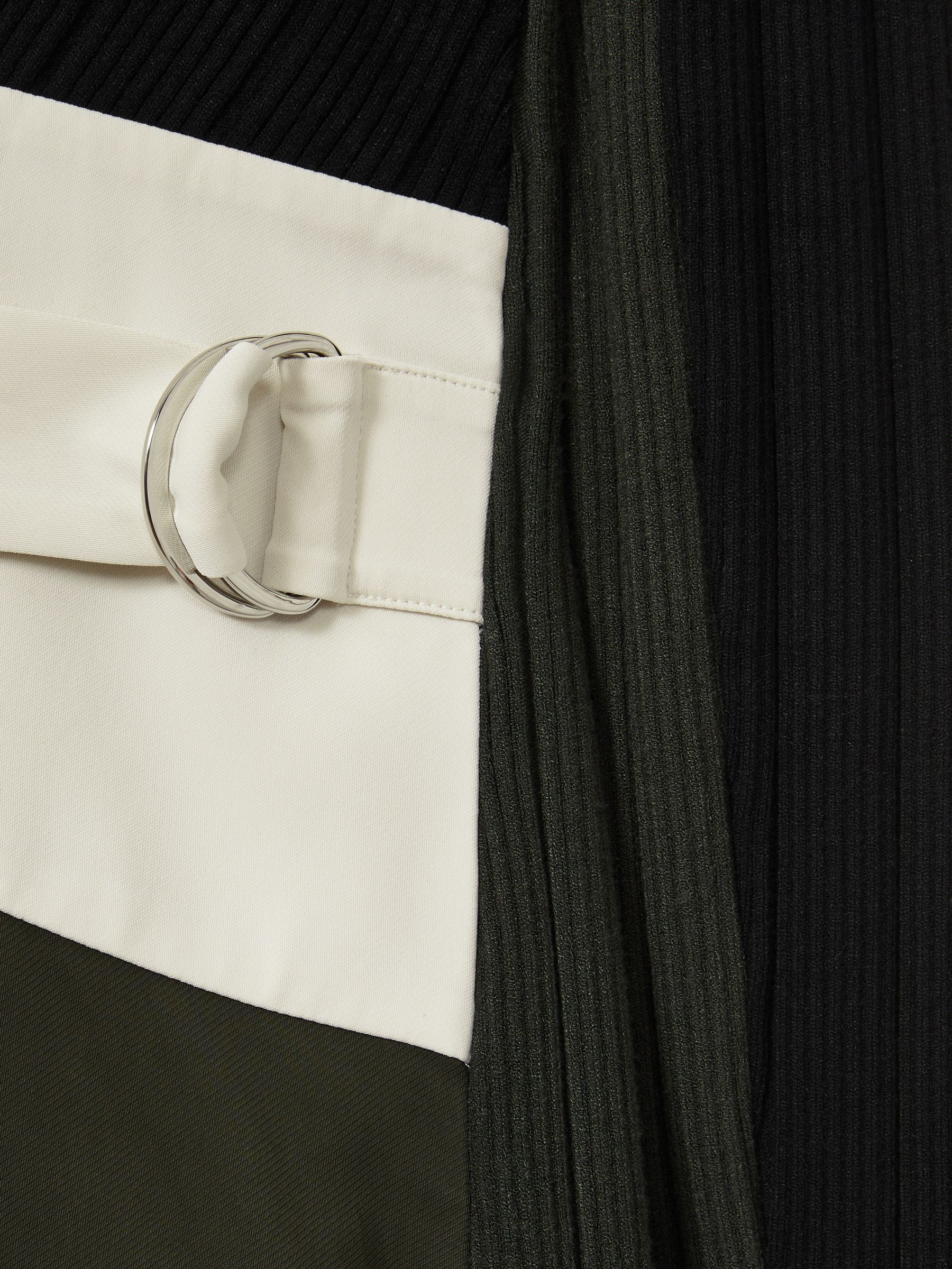 Rib-Knit Panelled Belted Midi Dress in Khaki/Black