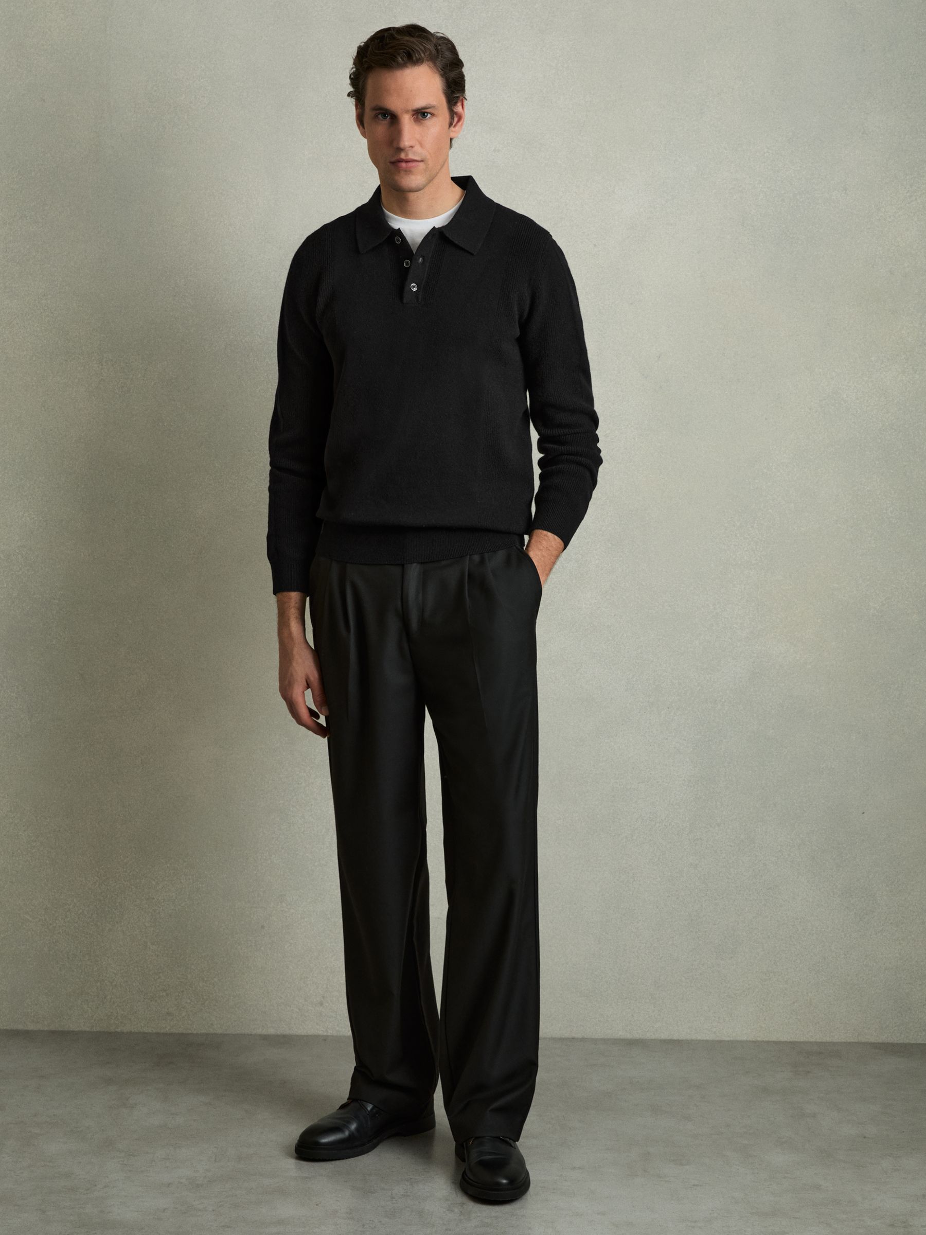 Wool Textured Long Sleeve Polo Shirt in Black