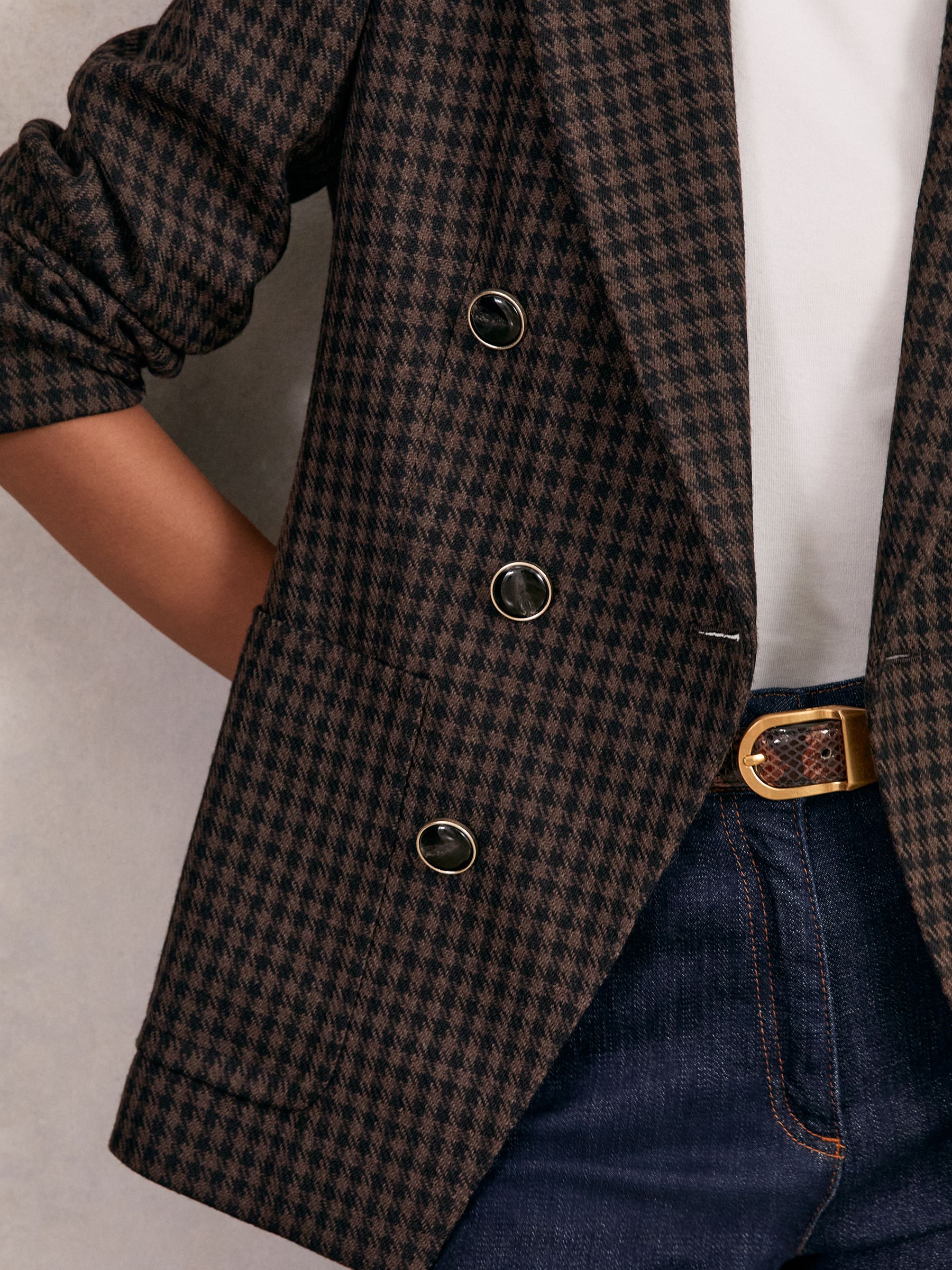 Wool-Blend Double-Breasted Check Blazer in Brown Check