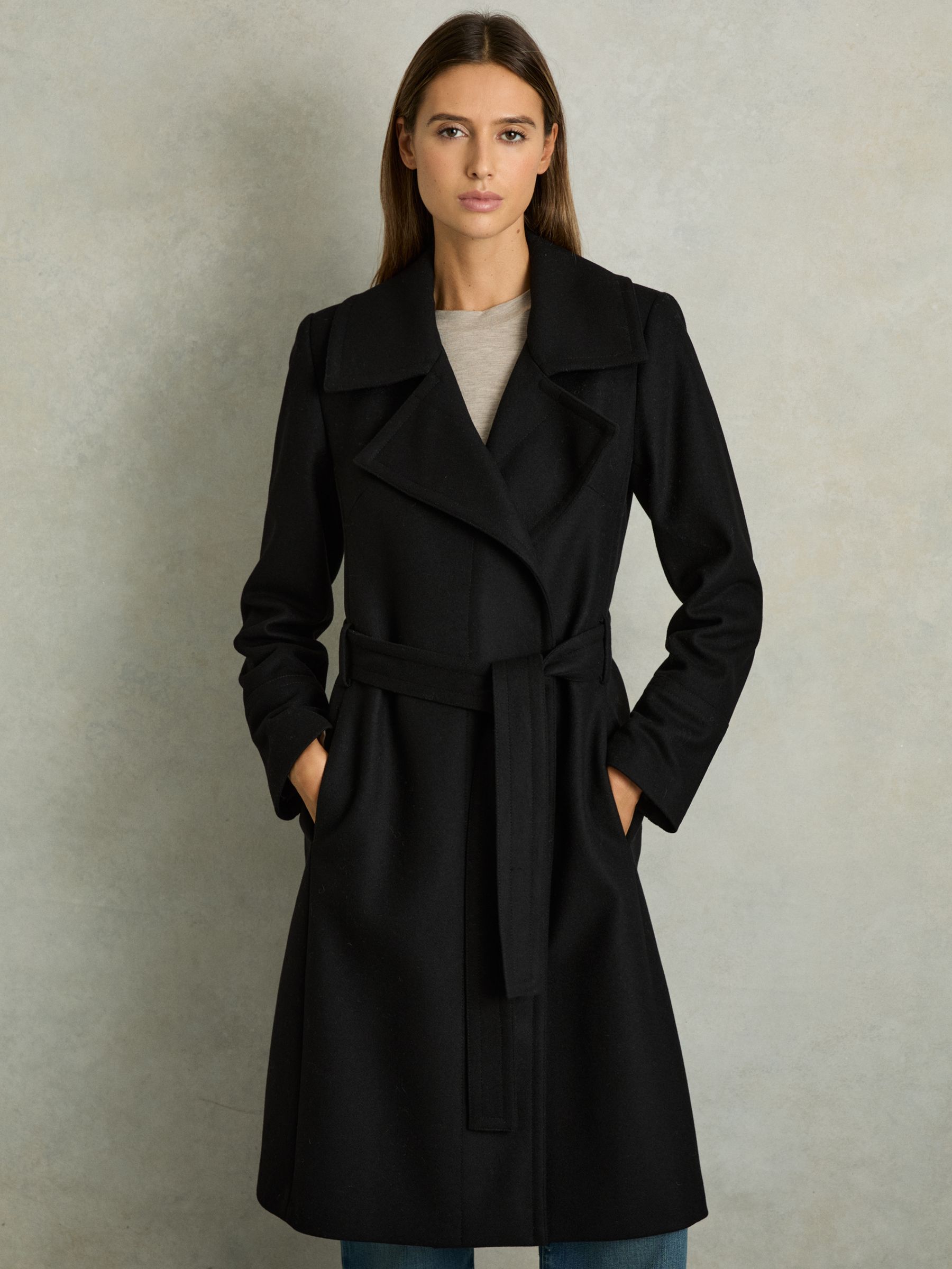 Wool Blend Belted Double Breasted Coat With Cashmere in Black