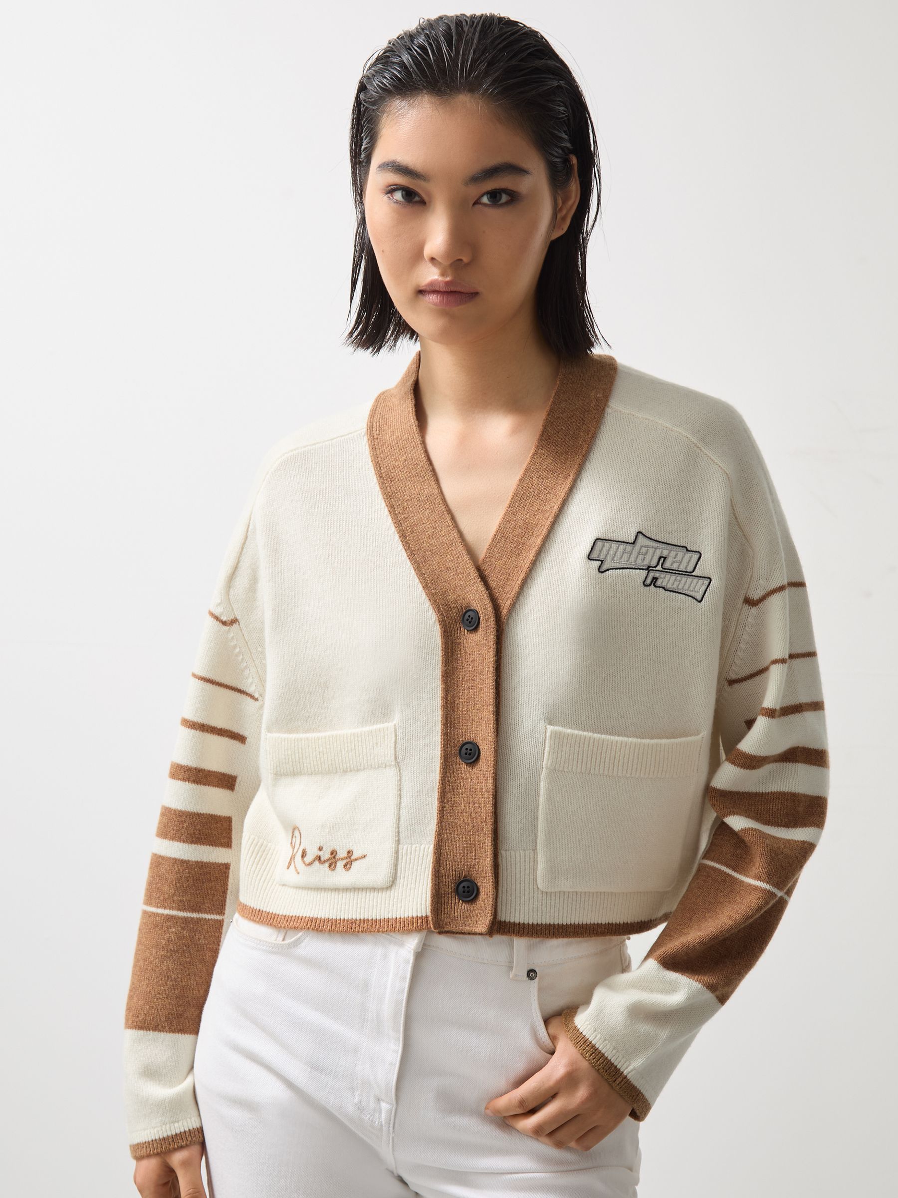McLaren F1 Team Crop Varsity Cardigan in Off White/Camel