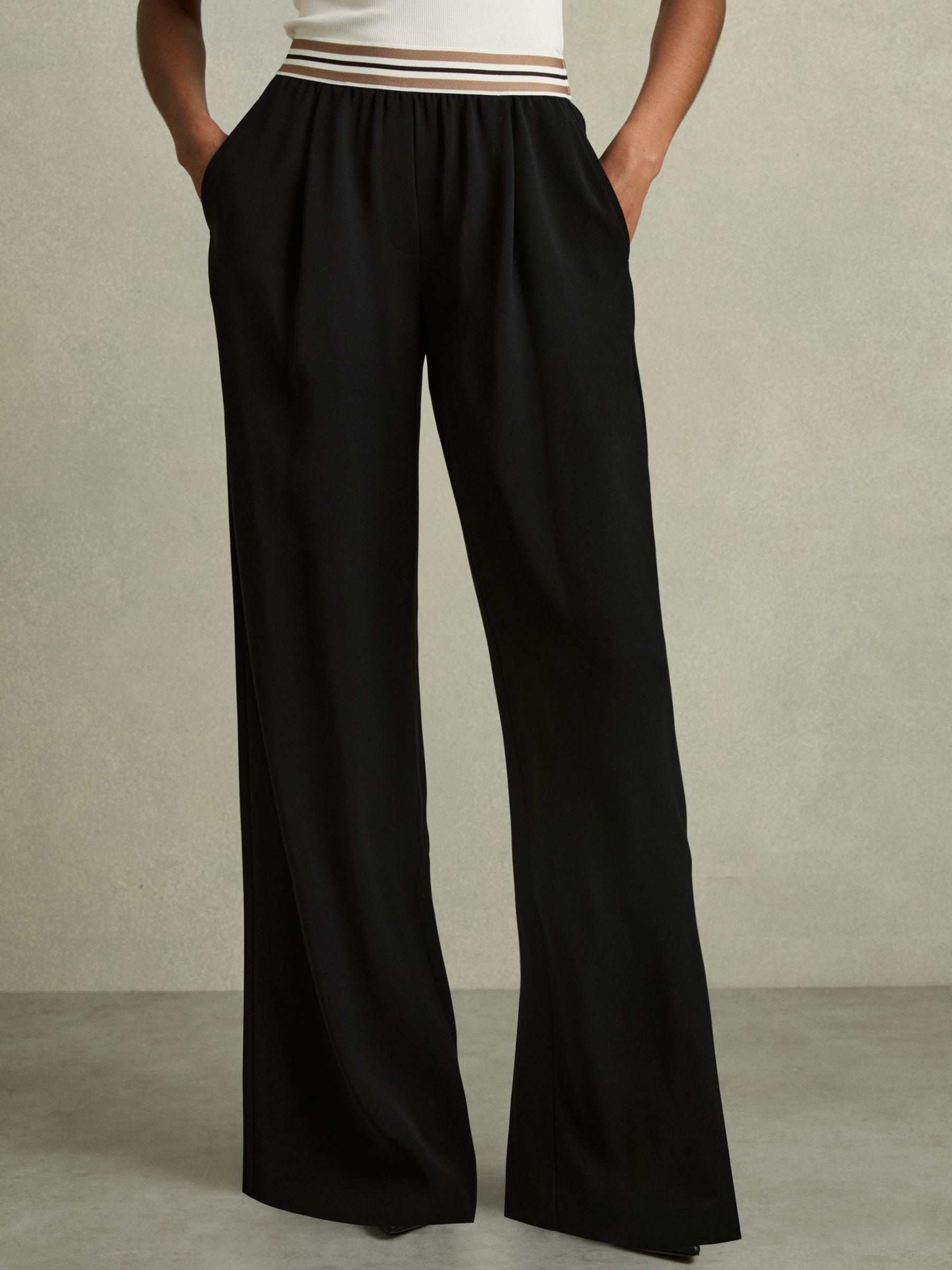 Petite Stripe-Waistband Wide-Leg Trousers in Black