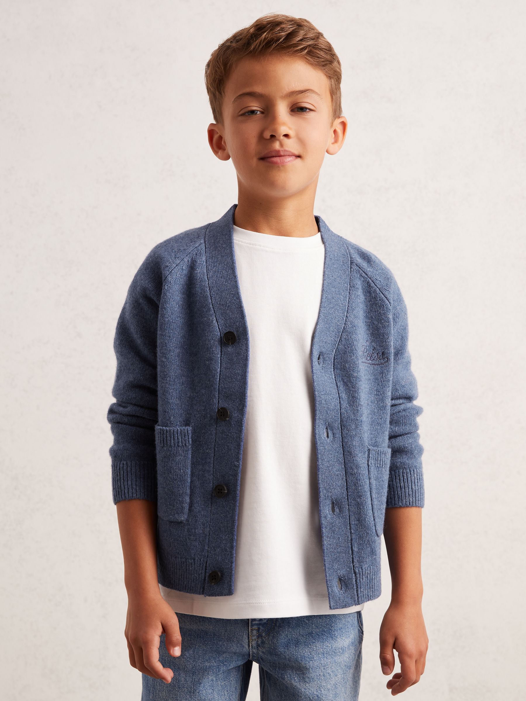 13-14 yrs Wool Embroidered-Logo Cardigan in Dark Airforce Blue