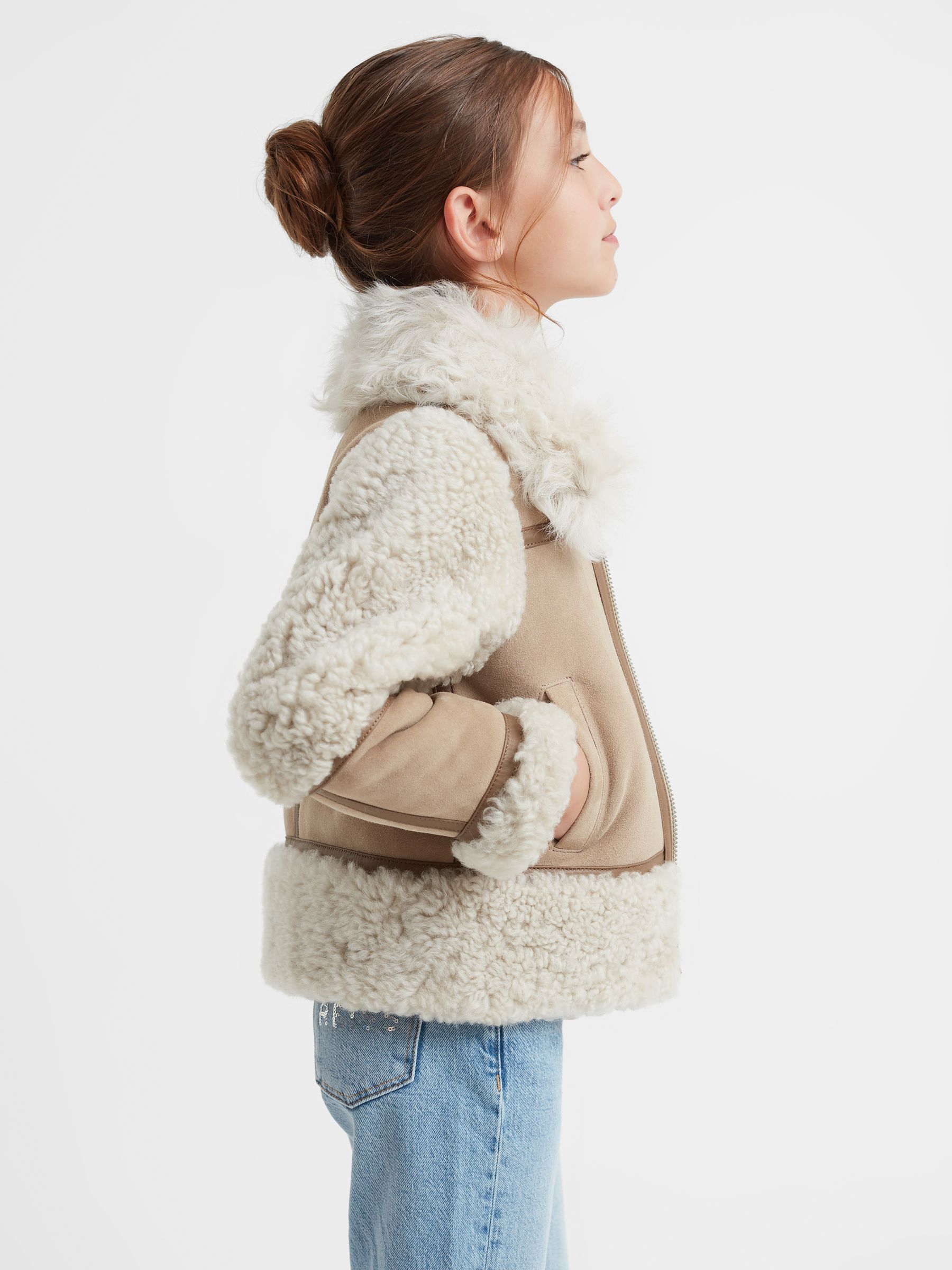 4-9 yrs Suede Sheepskin Zip-Through Jacket in Neutral