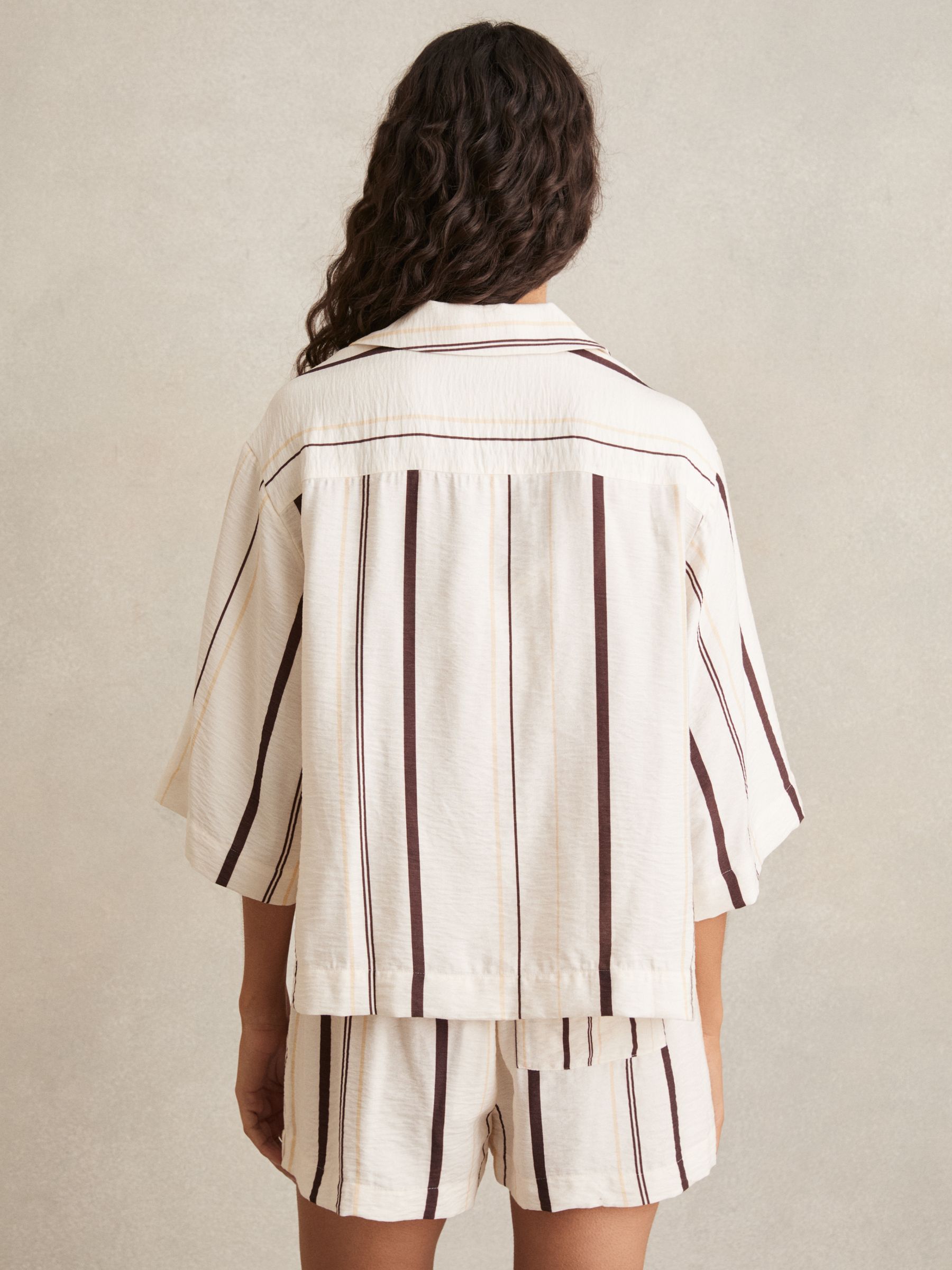 Stripe-Print Relaxed V-Neck Shirt in White/Brown