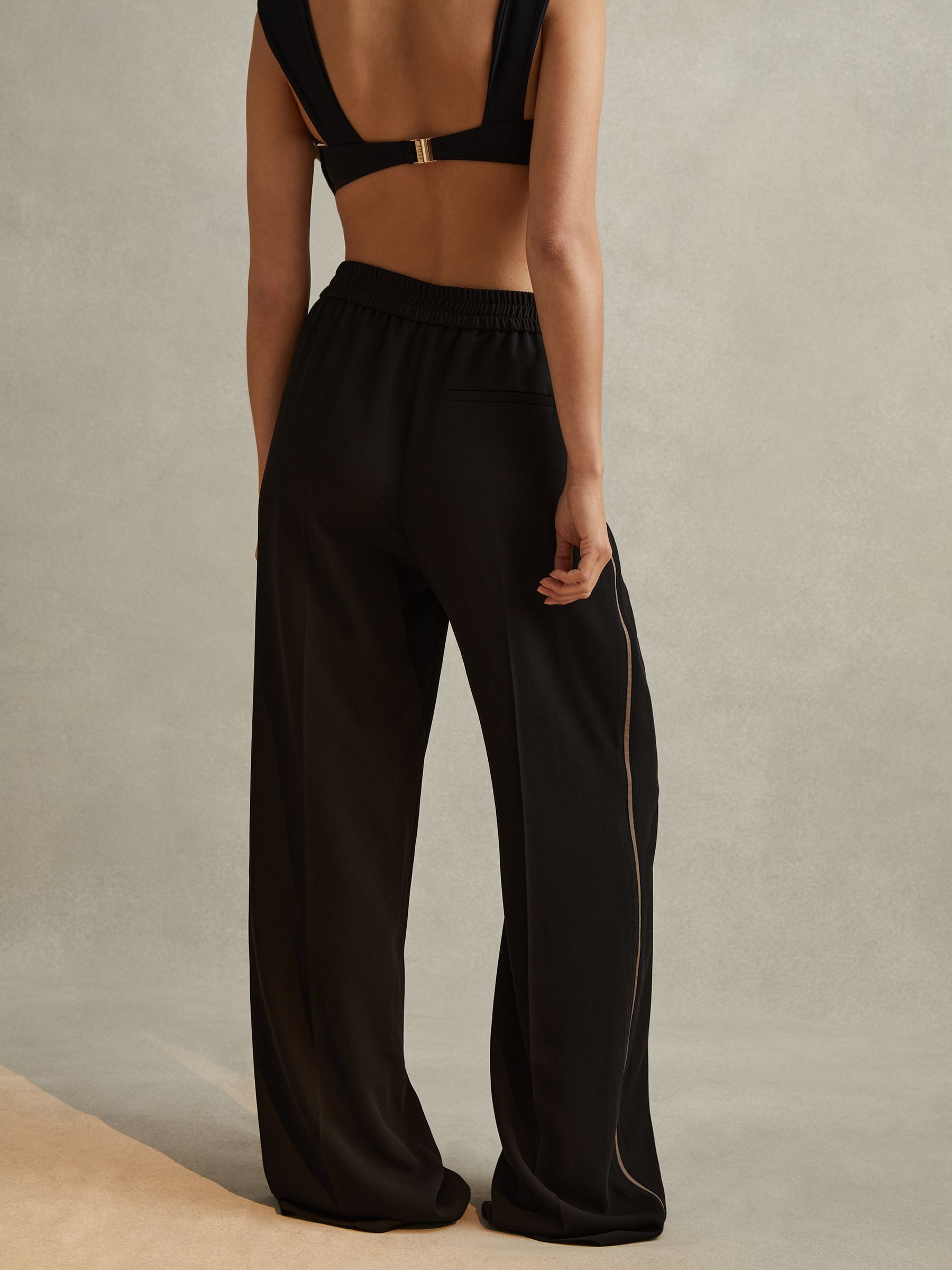 Petite Elasticated Side Stripe Wide Leg Trousers in Black