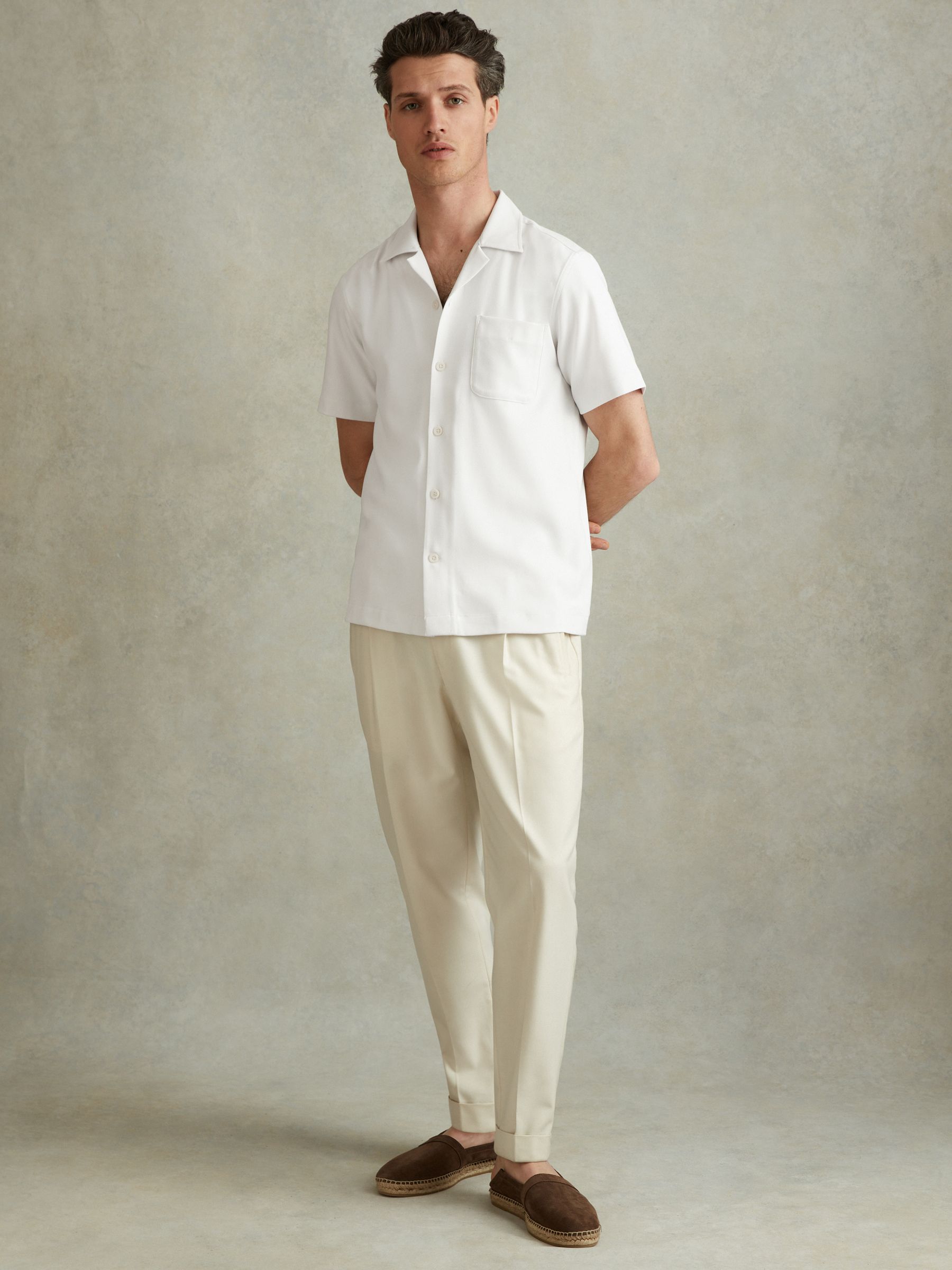 Herringbone Cuban Collar Shirt in White