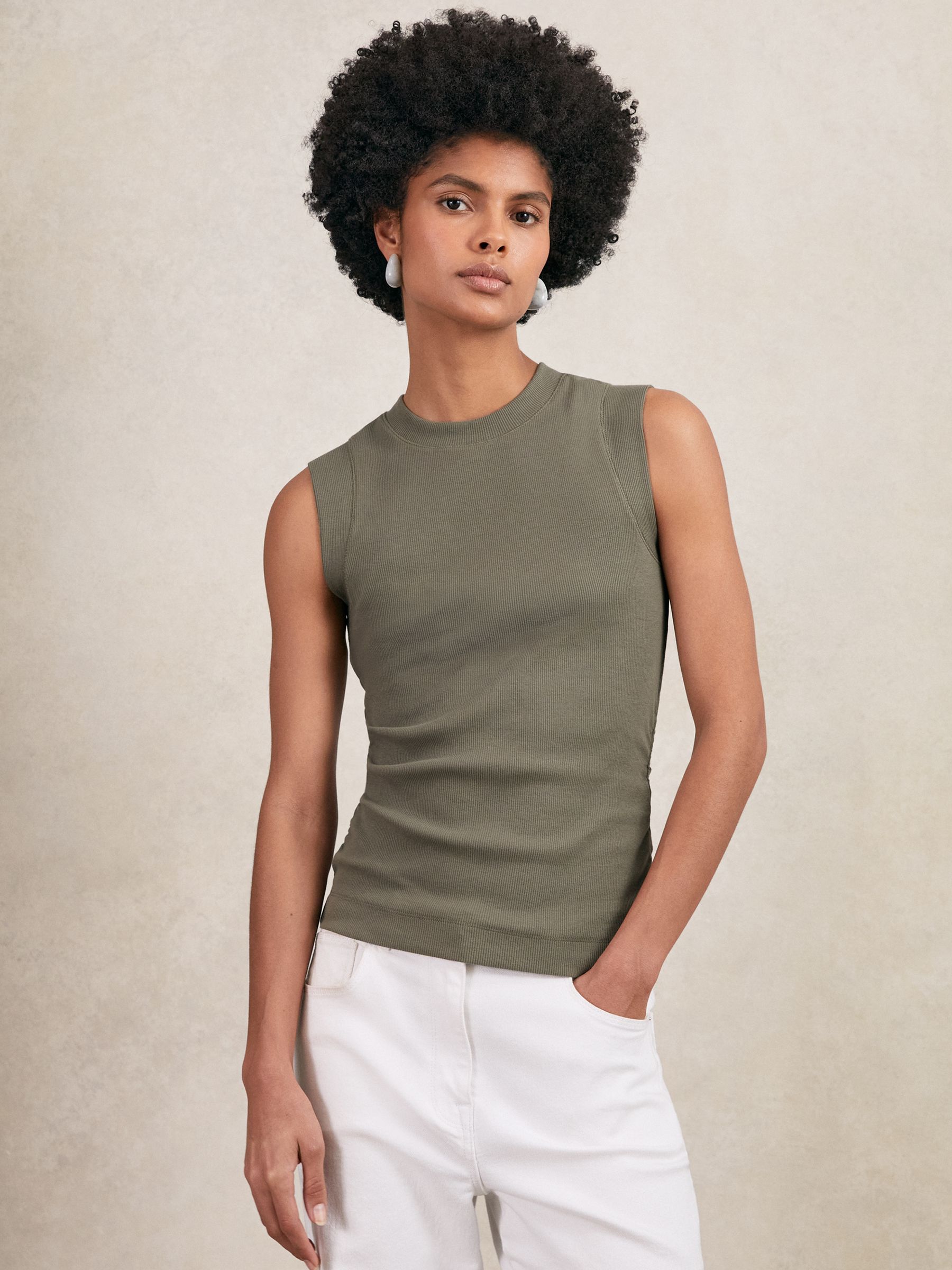 Ribbed Ruched Waist Vest in Khaki Green