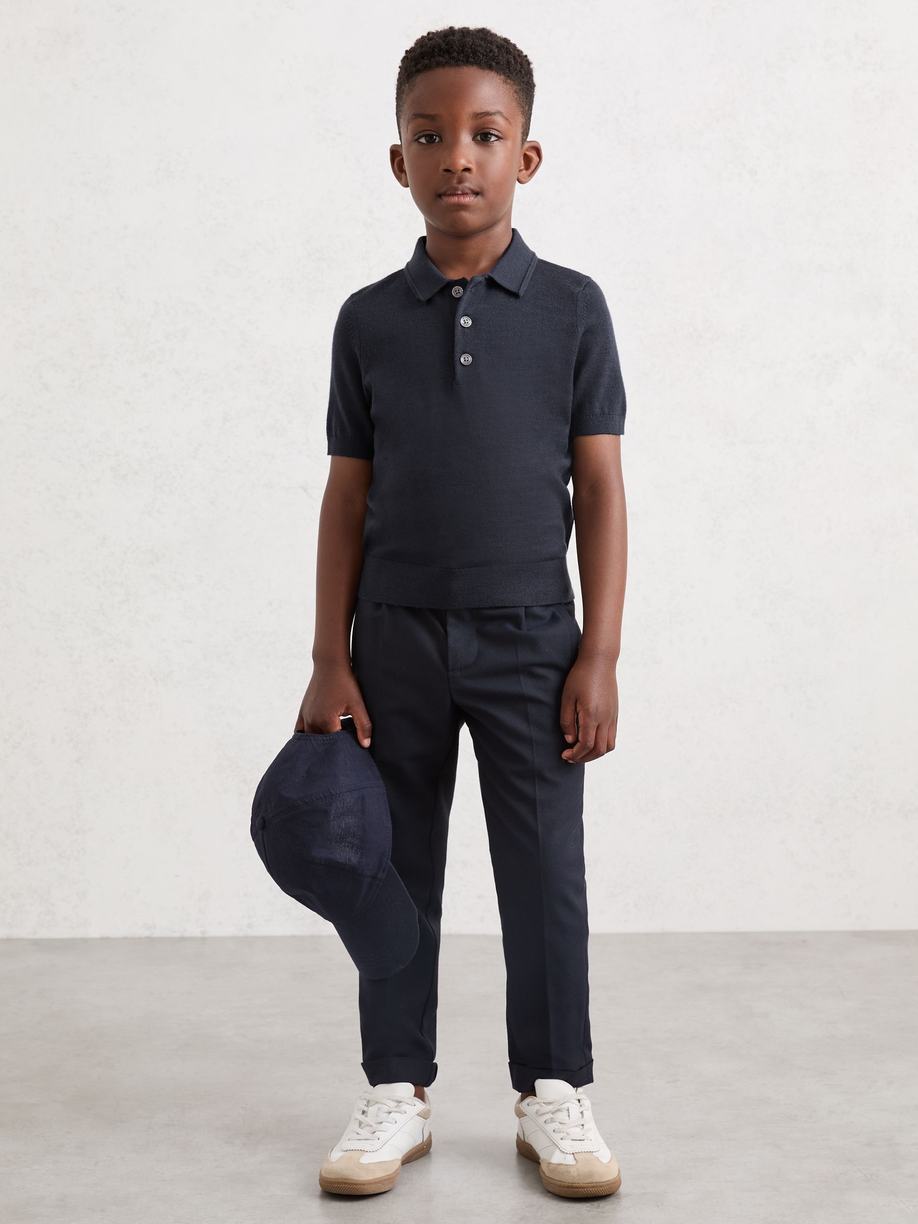 3-9 yrs Merino Wool Short Sleeve Polo Shirt in Midnight Navy