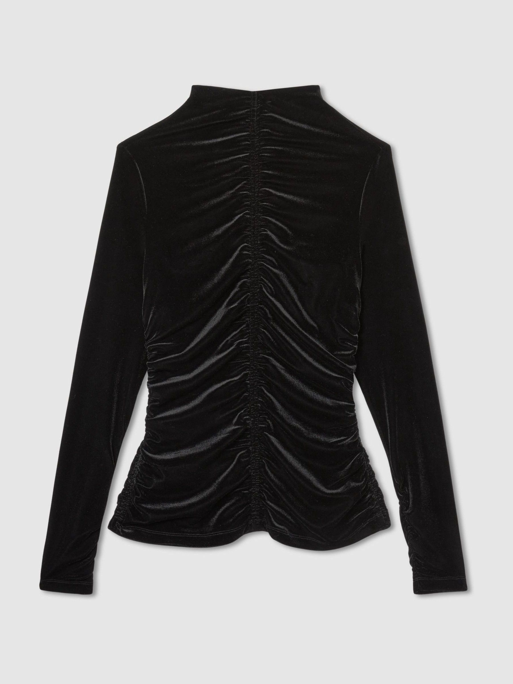 Velvet Ruched Long-Sleeve Top in Black