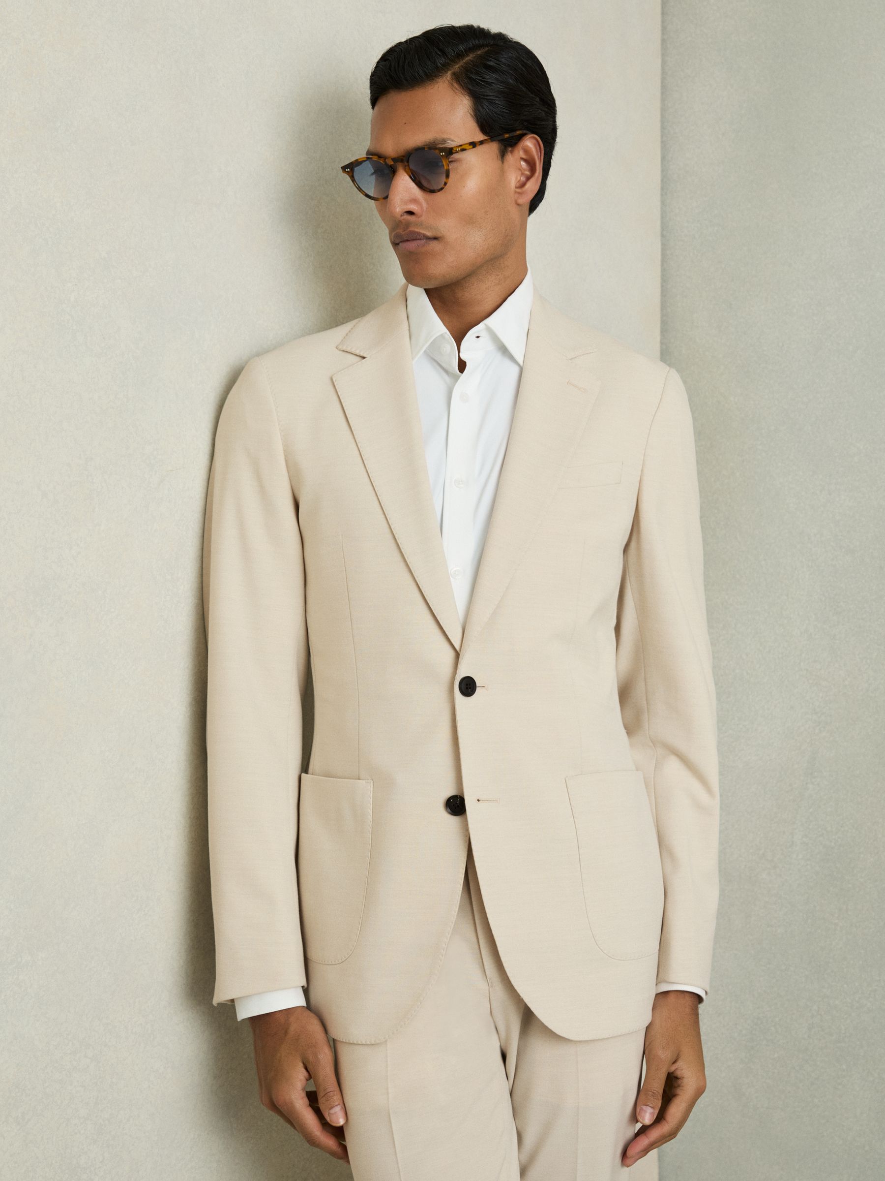 Single-Breasted Stretch Suit Blazer Slim-Fit in Stone