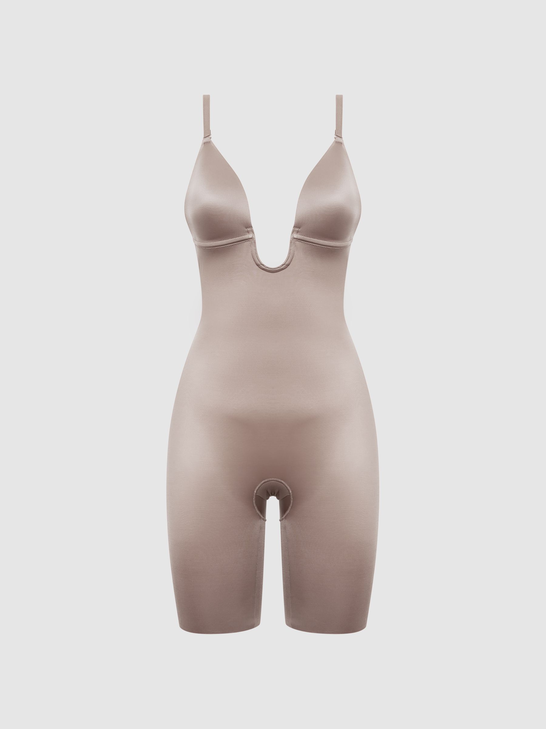 Spanx Shapewear Firming Plunge Low-Back Mid-Thigh Bodysuit in Cafe Au Lait