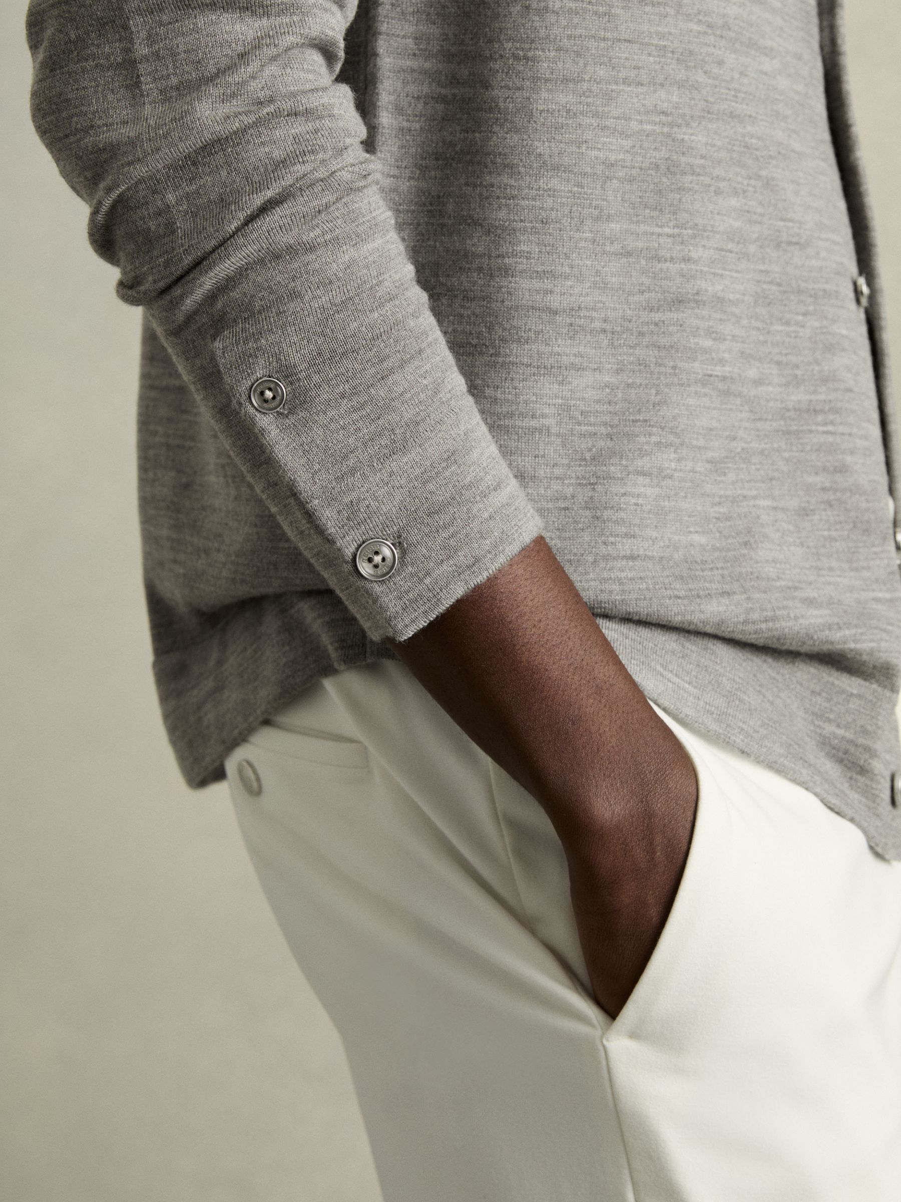 Merino Wool Button-Through Cardigan in Warm Grey Melange