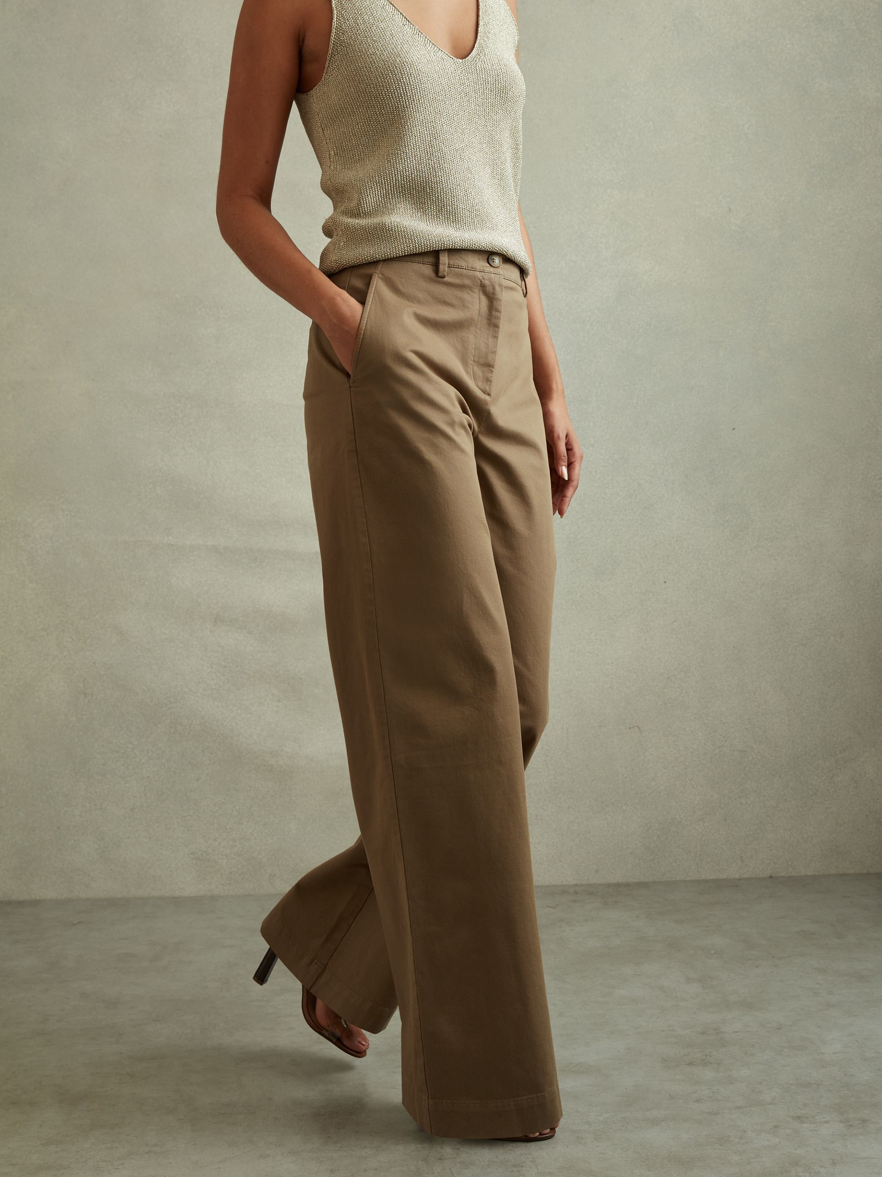 Cotton Blend Wide Leg Trousers in Dark Camel