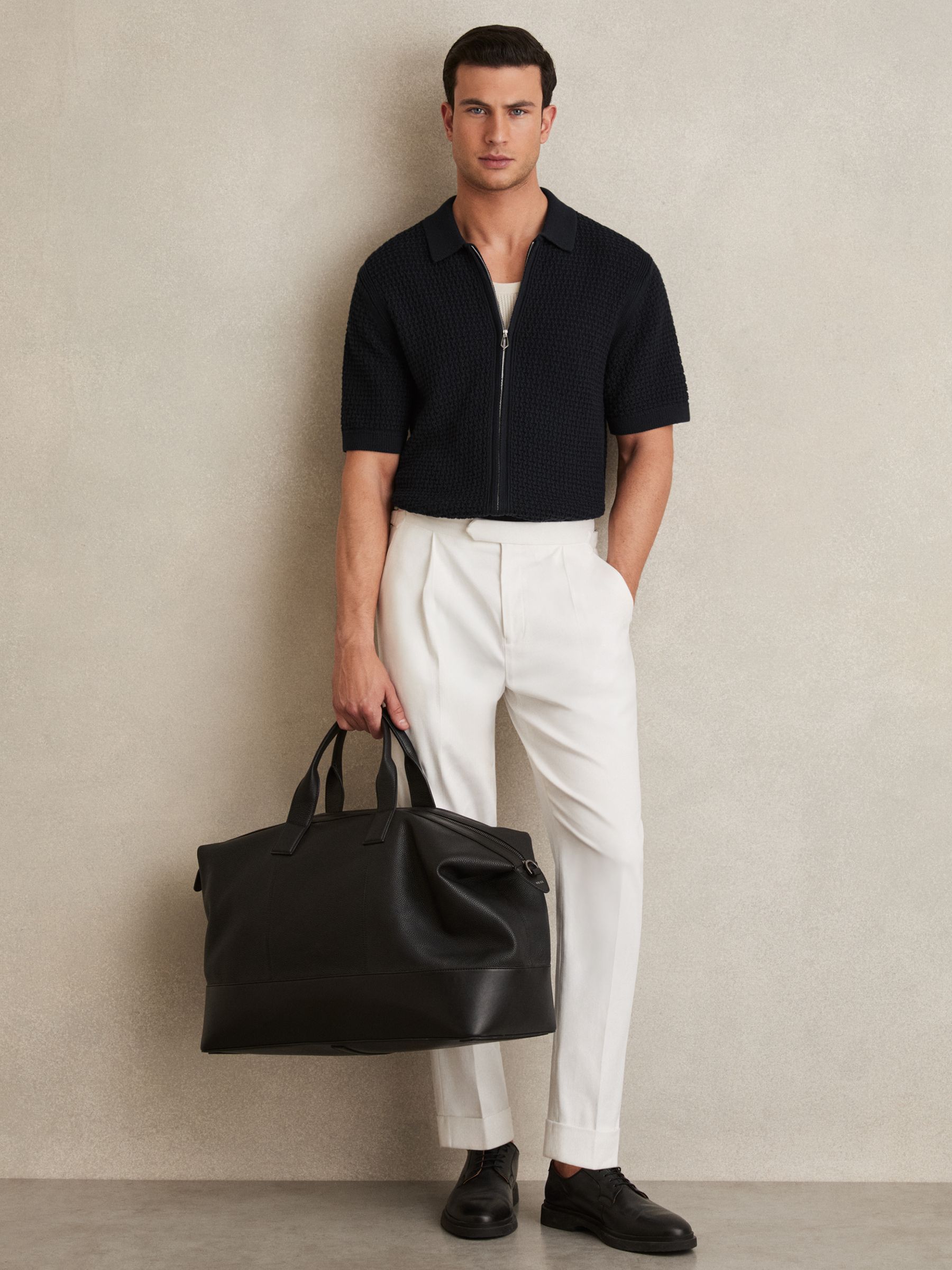 Textured-Knit Zip-Through Shirt in Navy