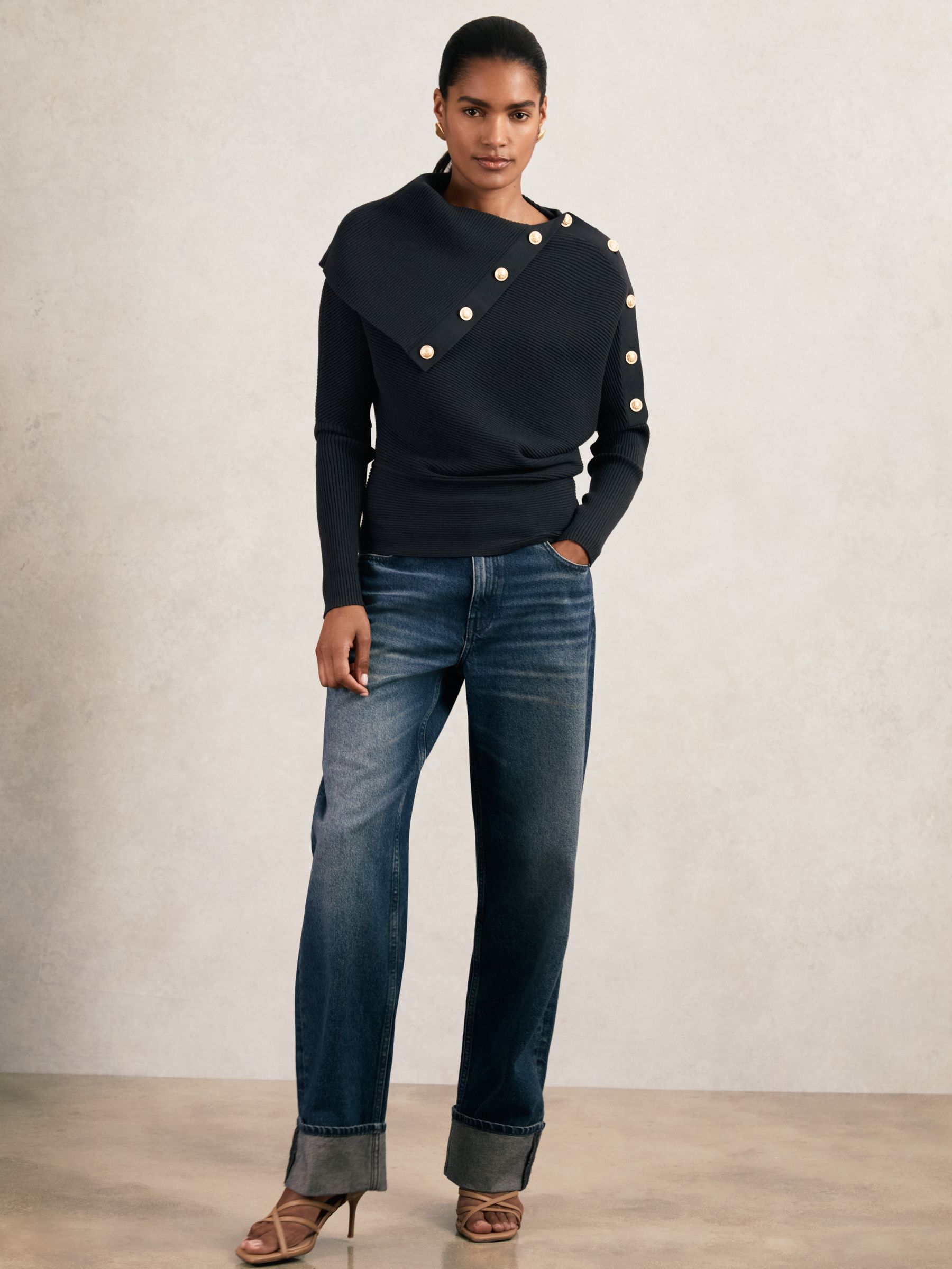 Rib-Knit Button Shawl Jumper in Navy