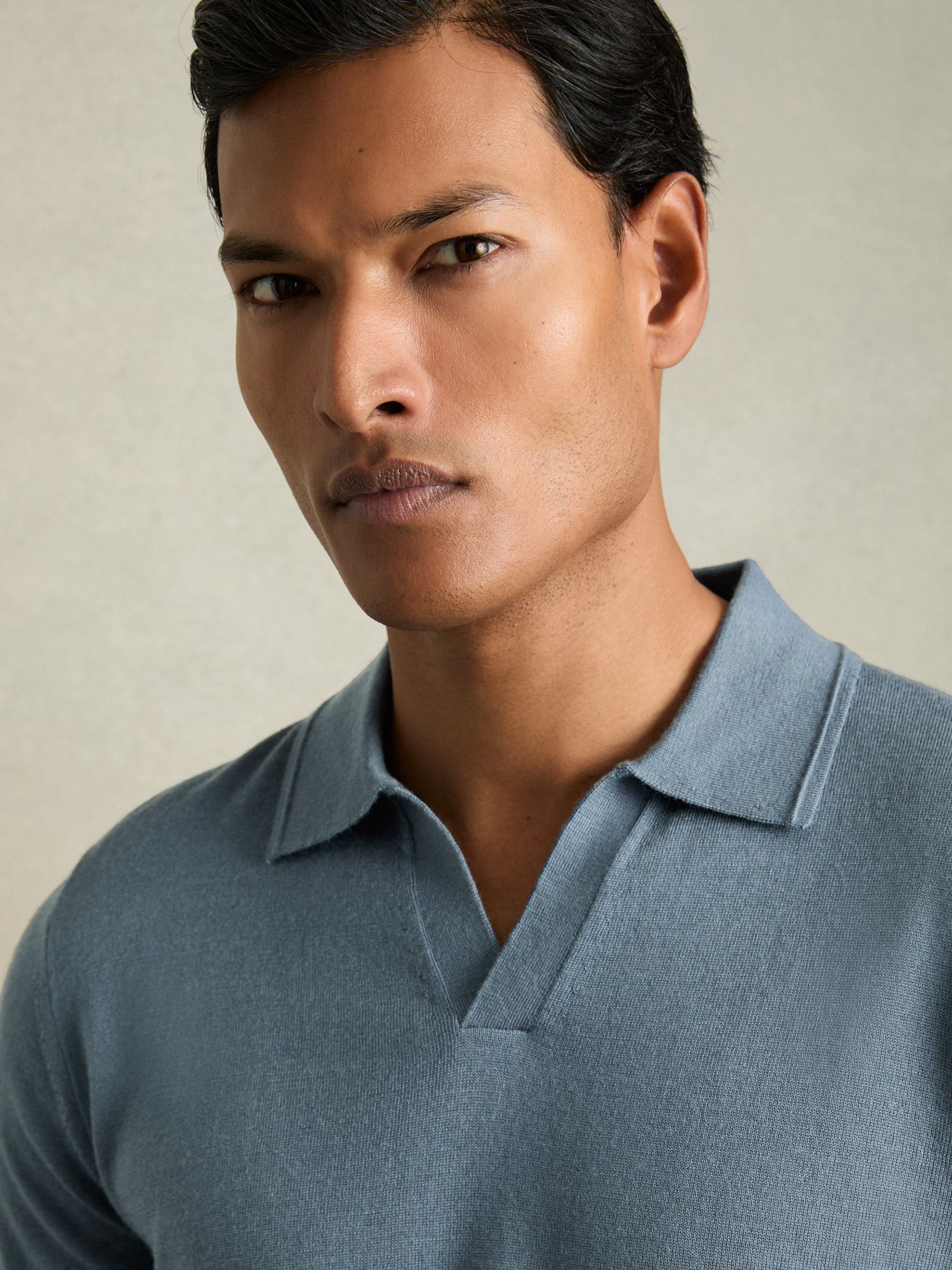 Merino Wool Open Collar Polo Shirt in Airforce Blue