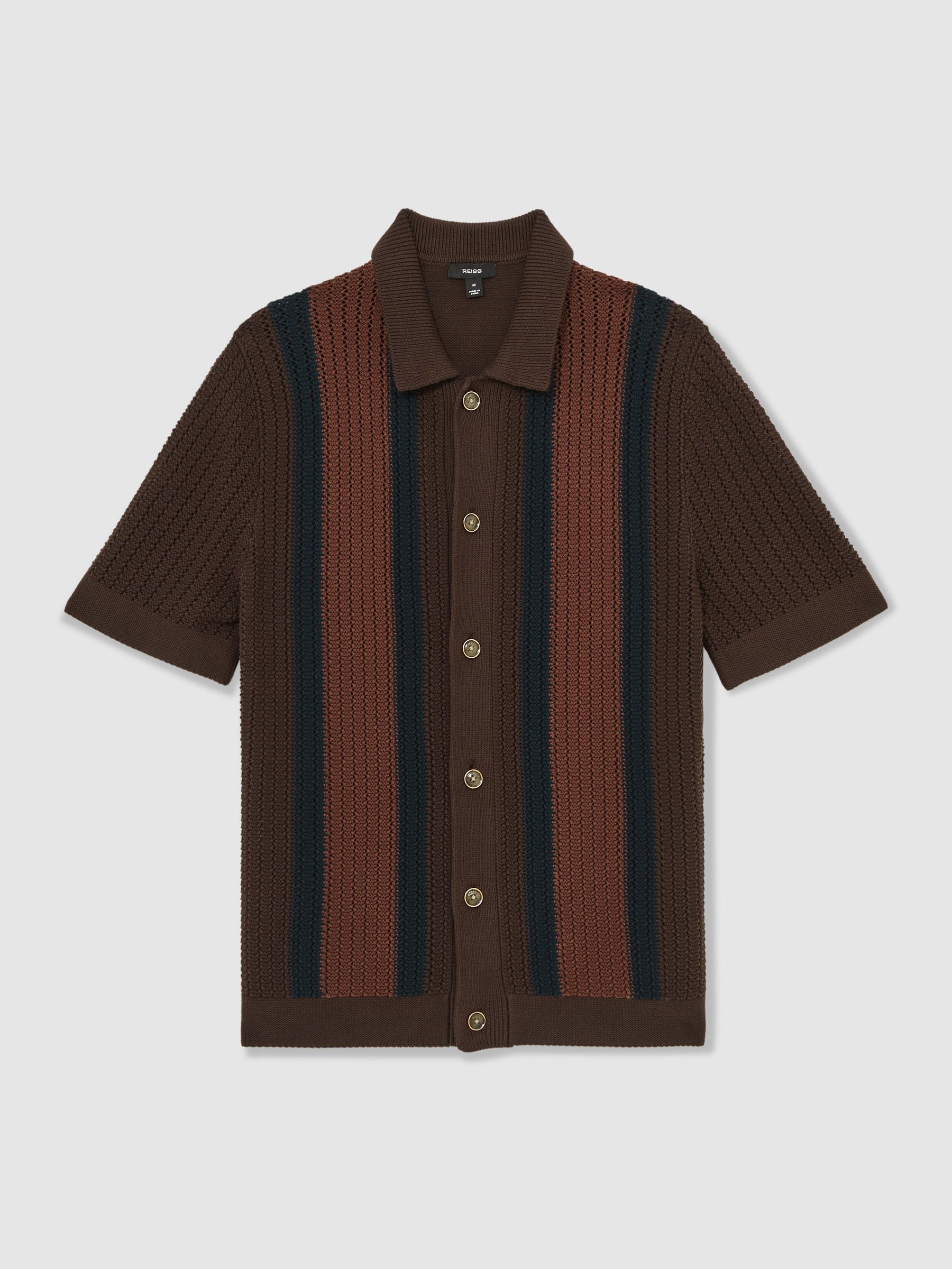 Cotton Textured-Knit Stripe Shirt in Brown Multi