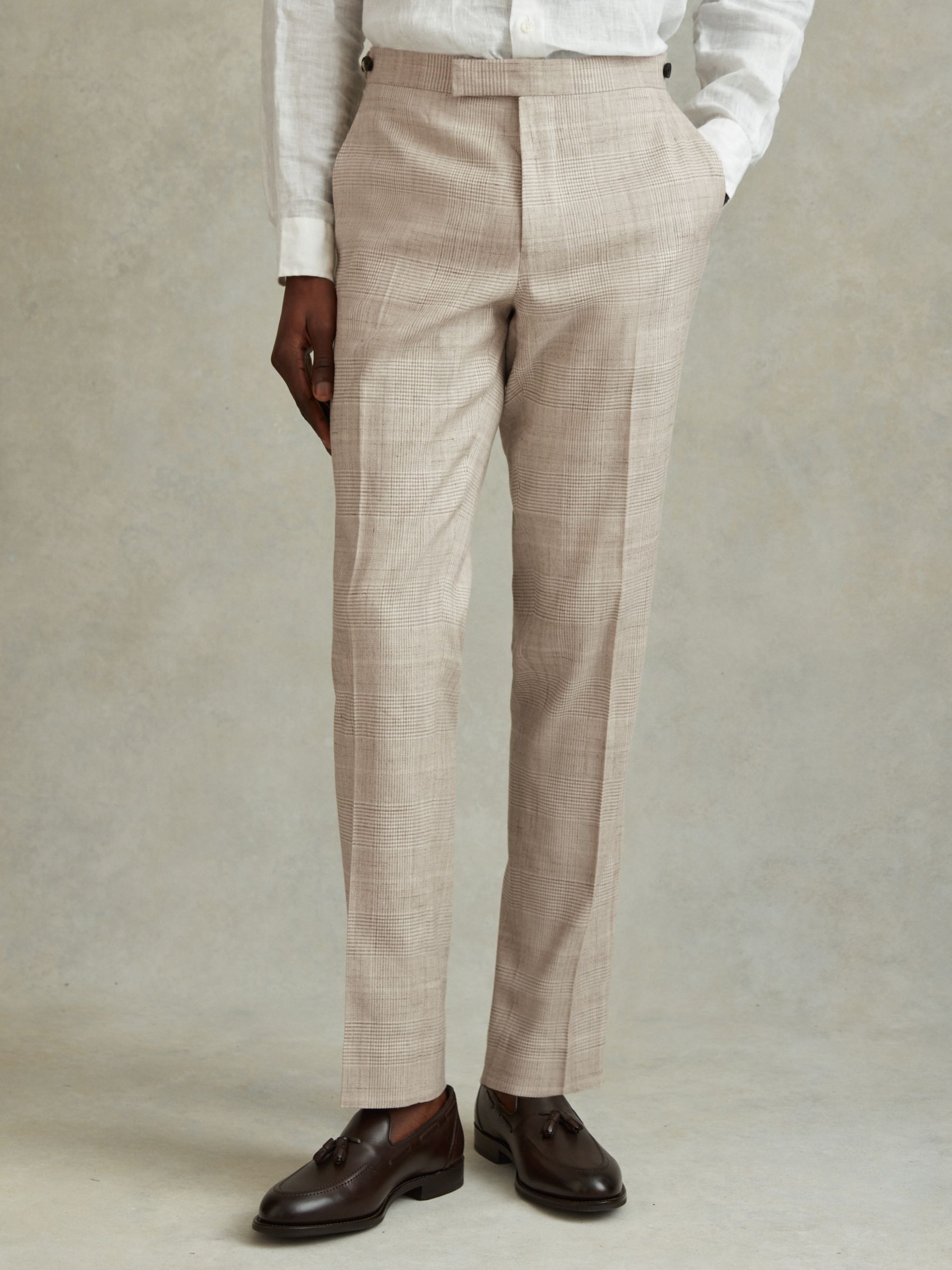 Slim Fit Linen Blend Check Trousers in Oatmeal