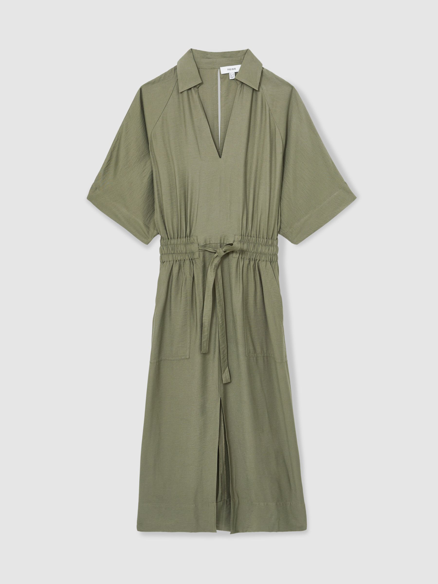 Petite Shirred-Waist Midi Shirt Dress in Khaki