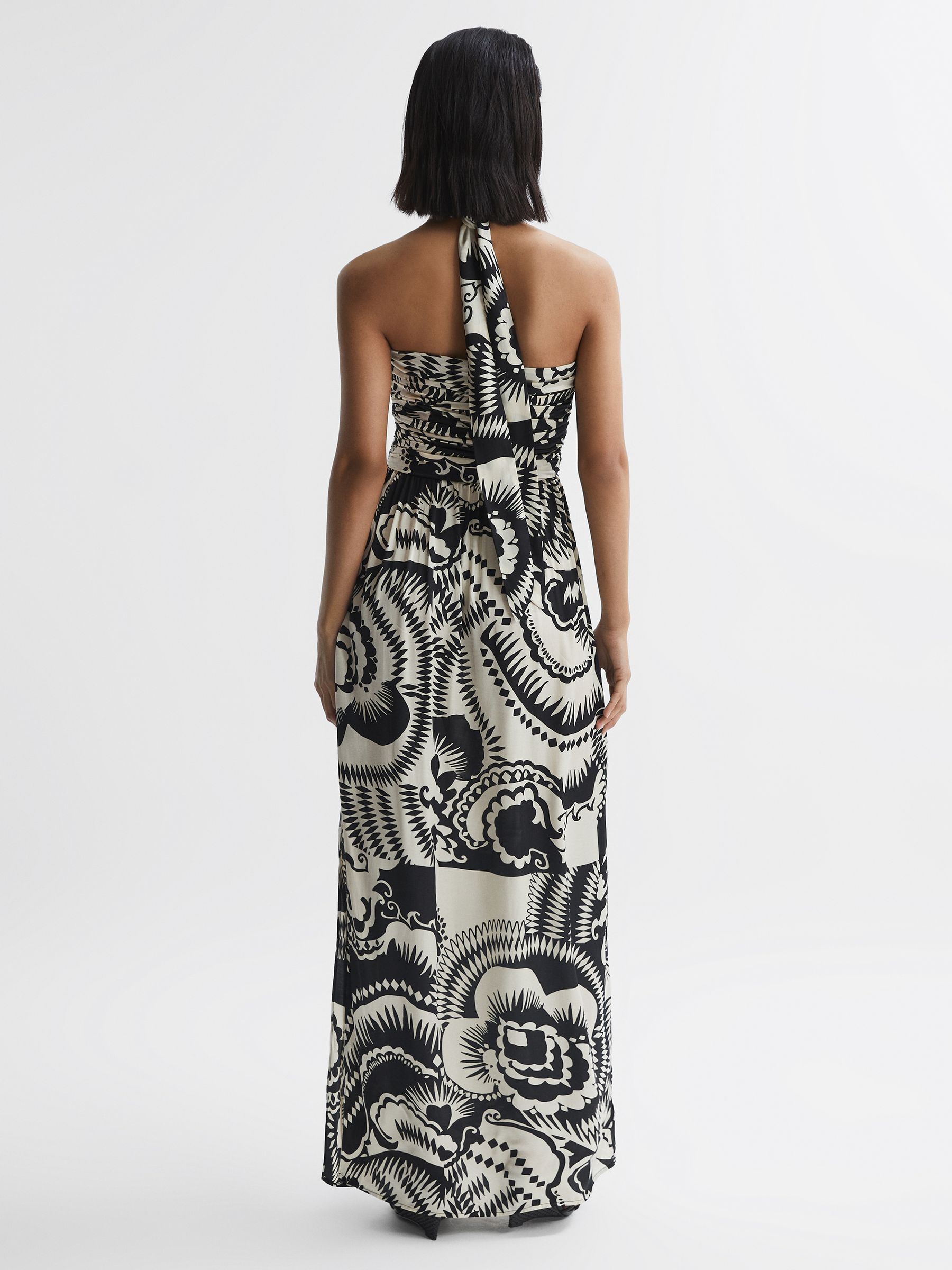 Printed Halter Neck Maxi Dress in Black/White