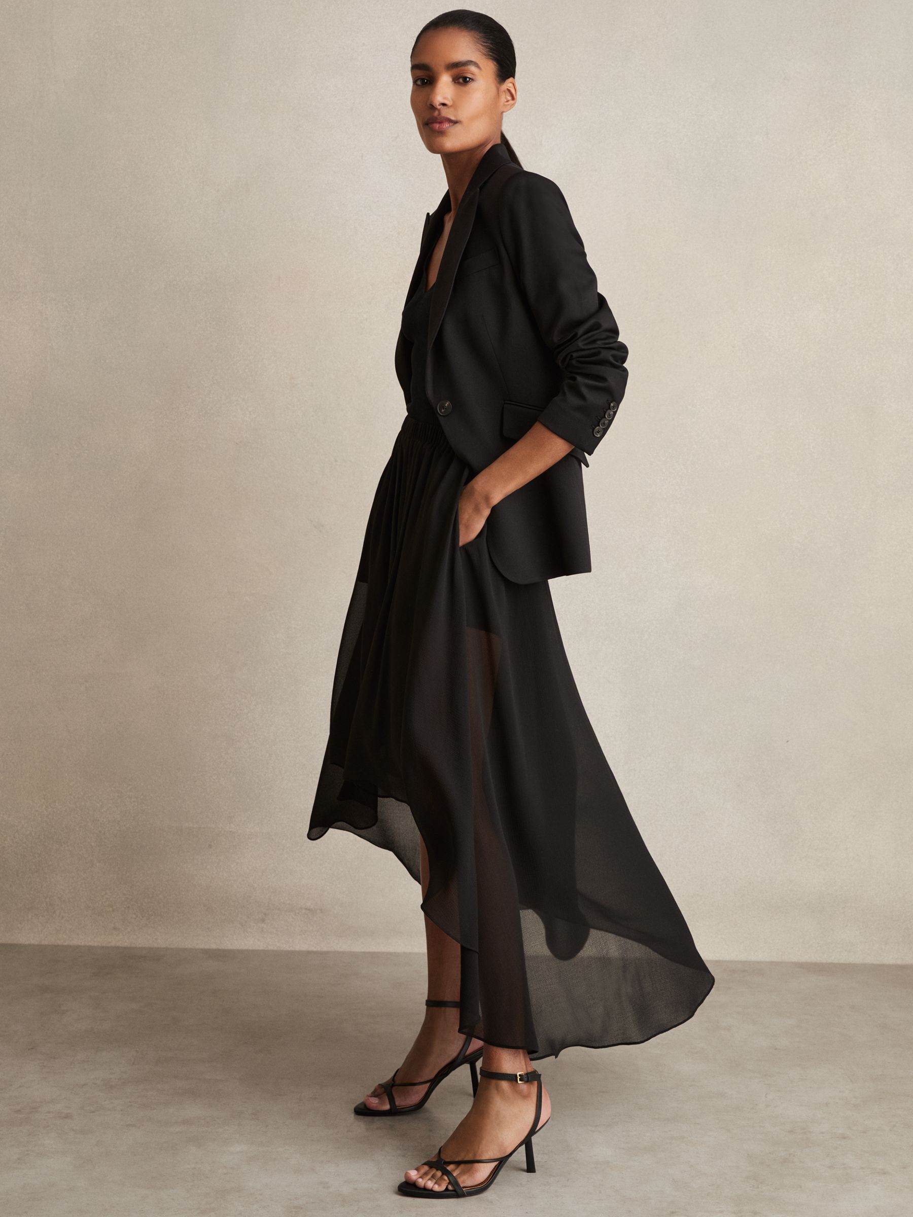 Sheer-Overlay High-Low Shorts in Black