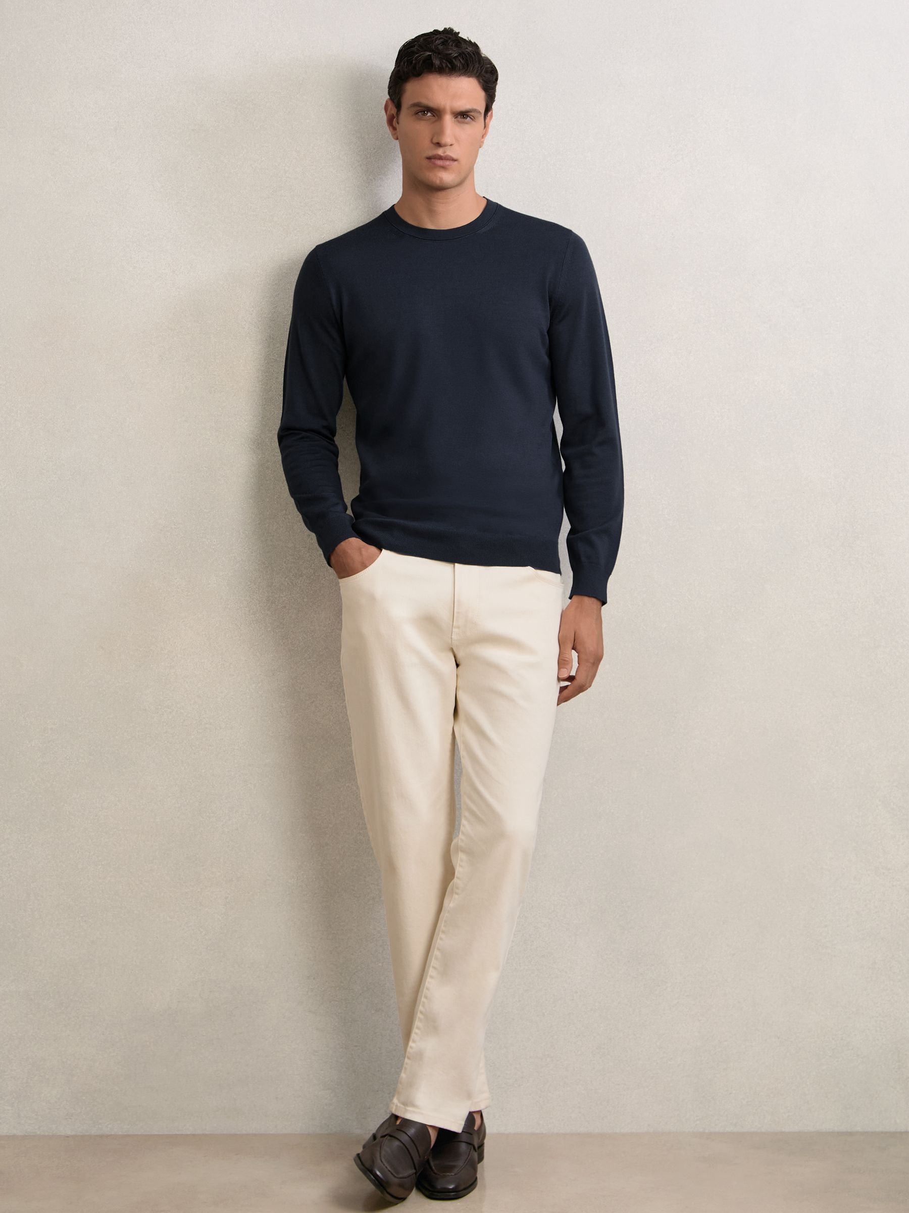 Merino Wool Crew Neck Jumper in Midnight Navy