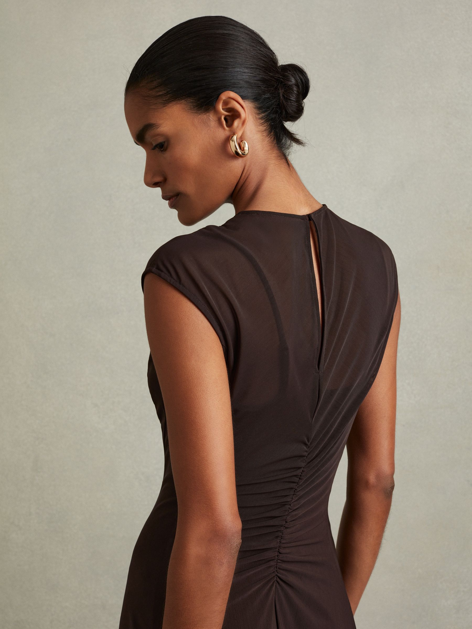 Mesh Ruched Midi Dress in Chocolate