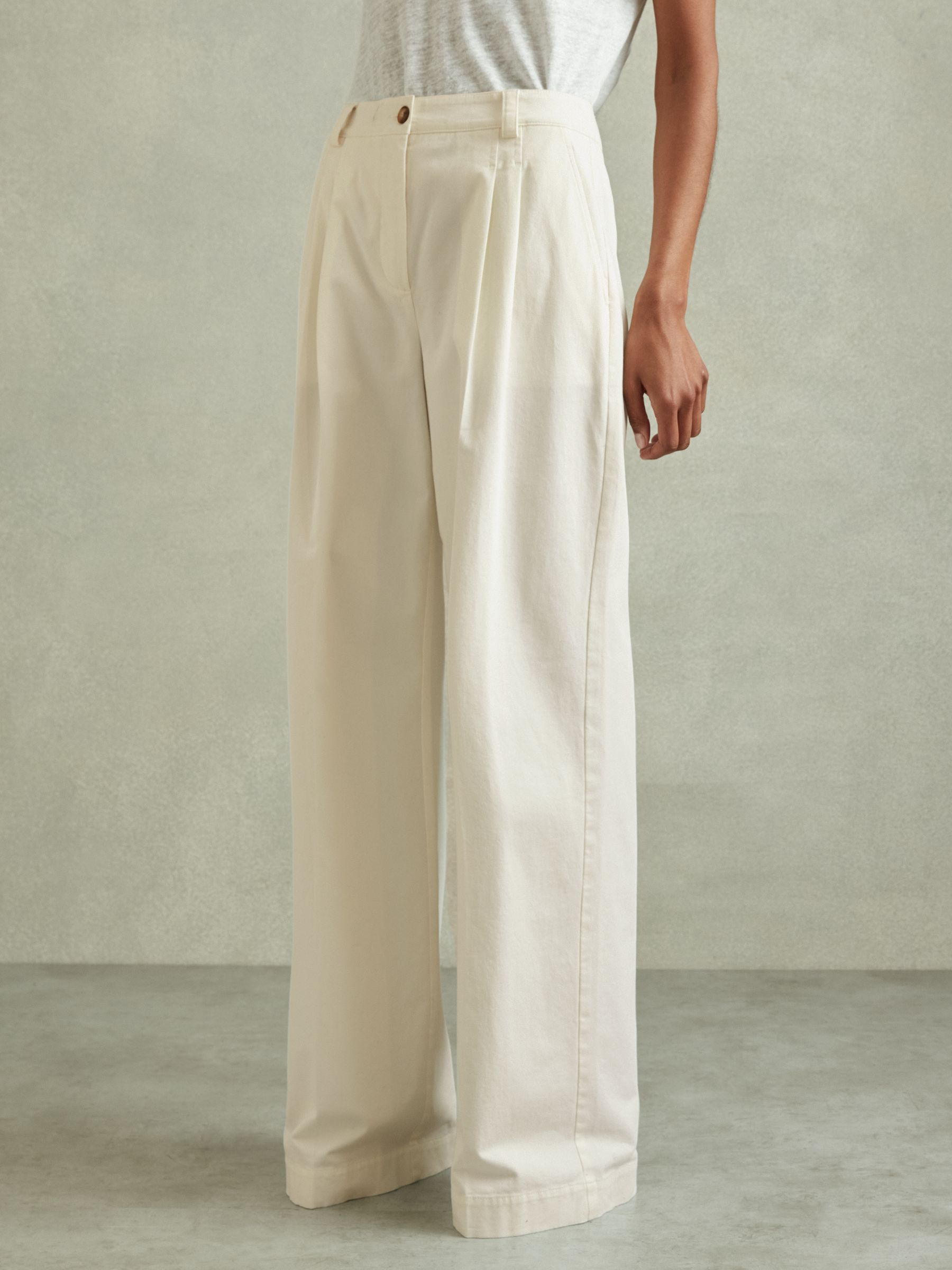 Cotton Blend Wide Leg Trousers in White