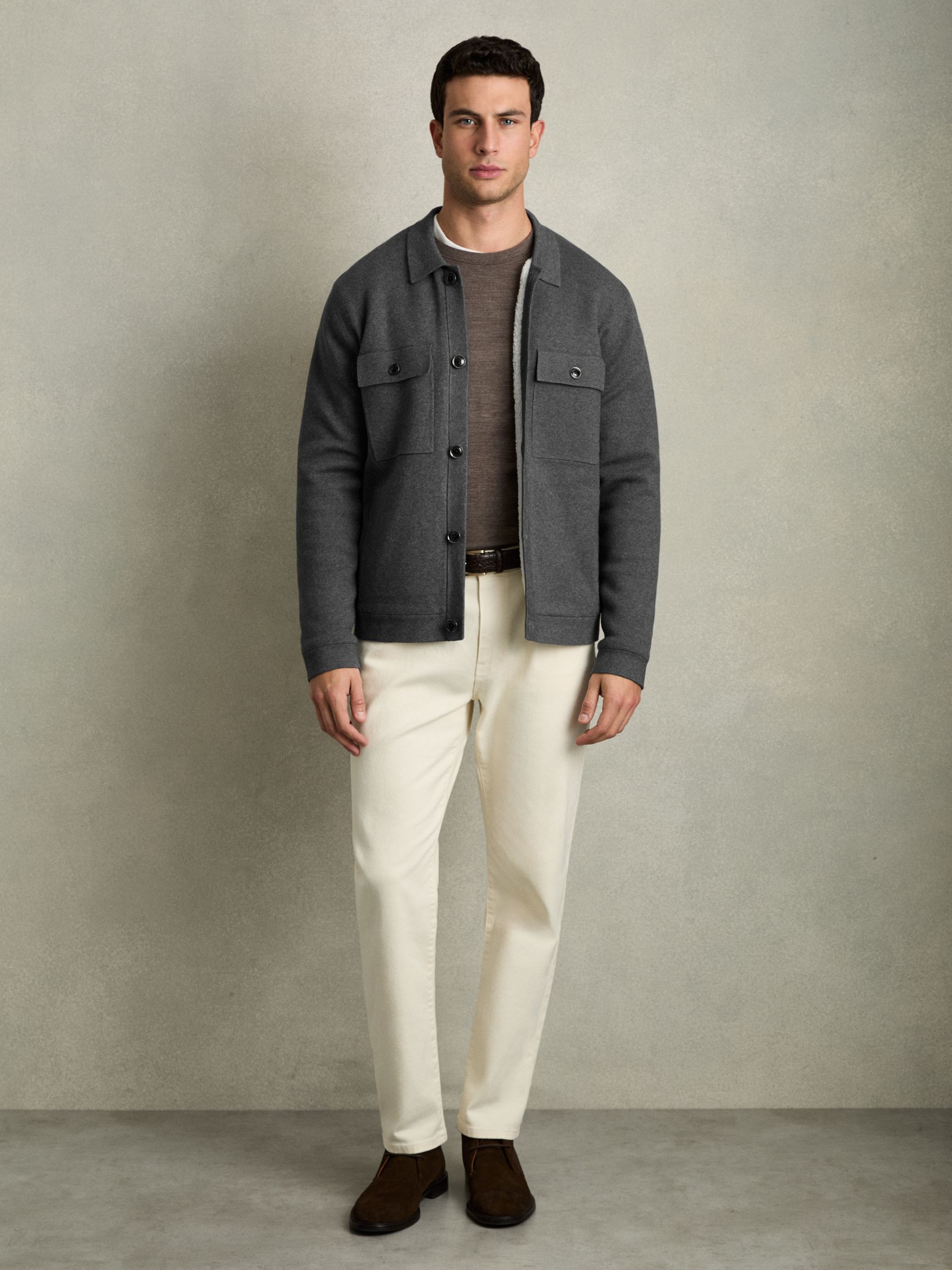 Fleece-Lined Button-Through Jacket in Mid Grey Melange