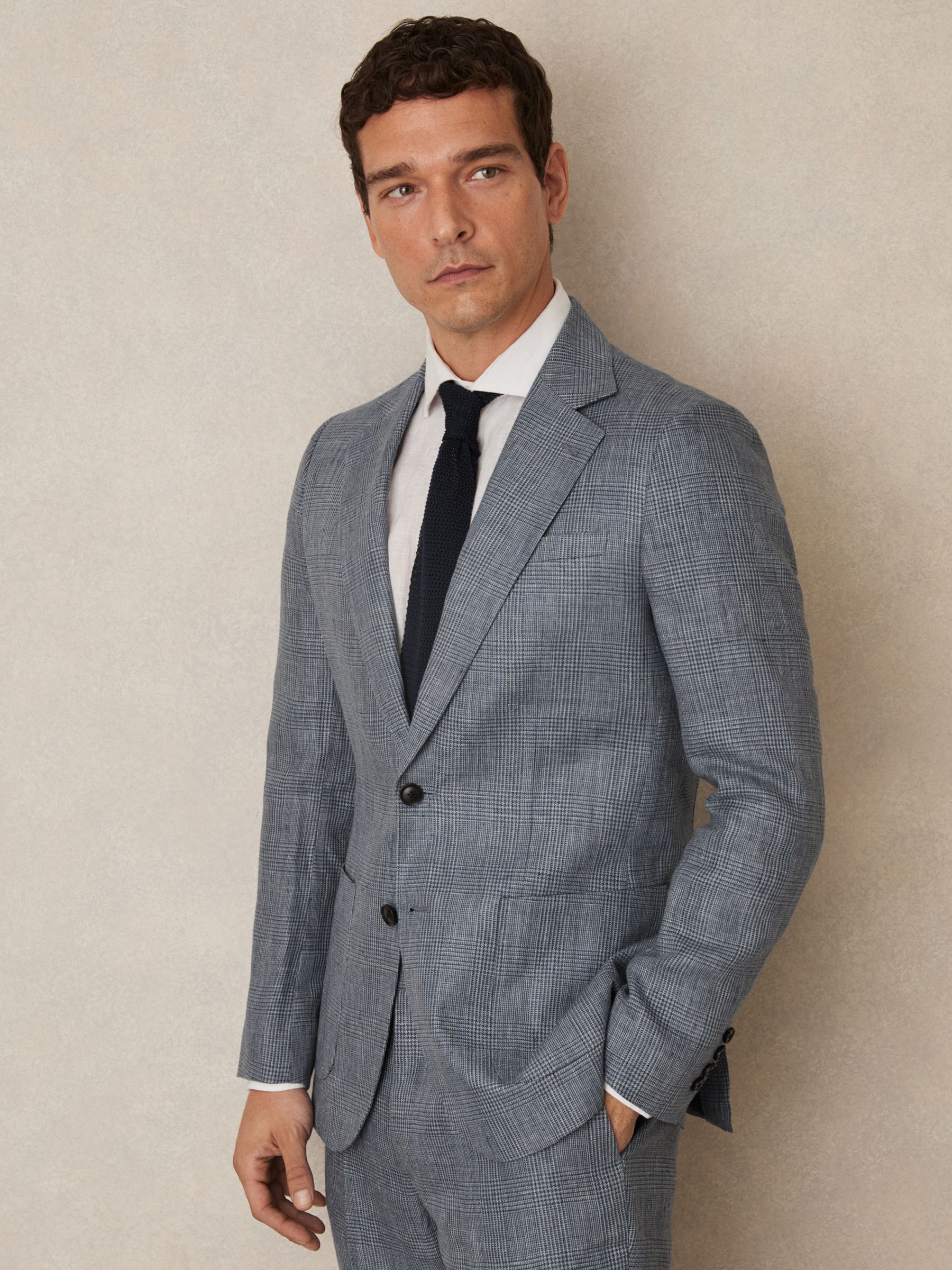 Slim Fit Single Breasted Linen Check Suit Blazer in Soft Blue