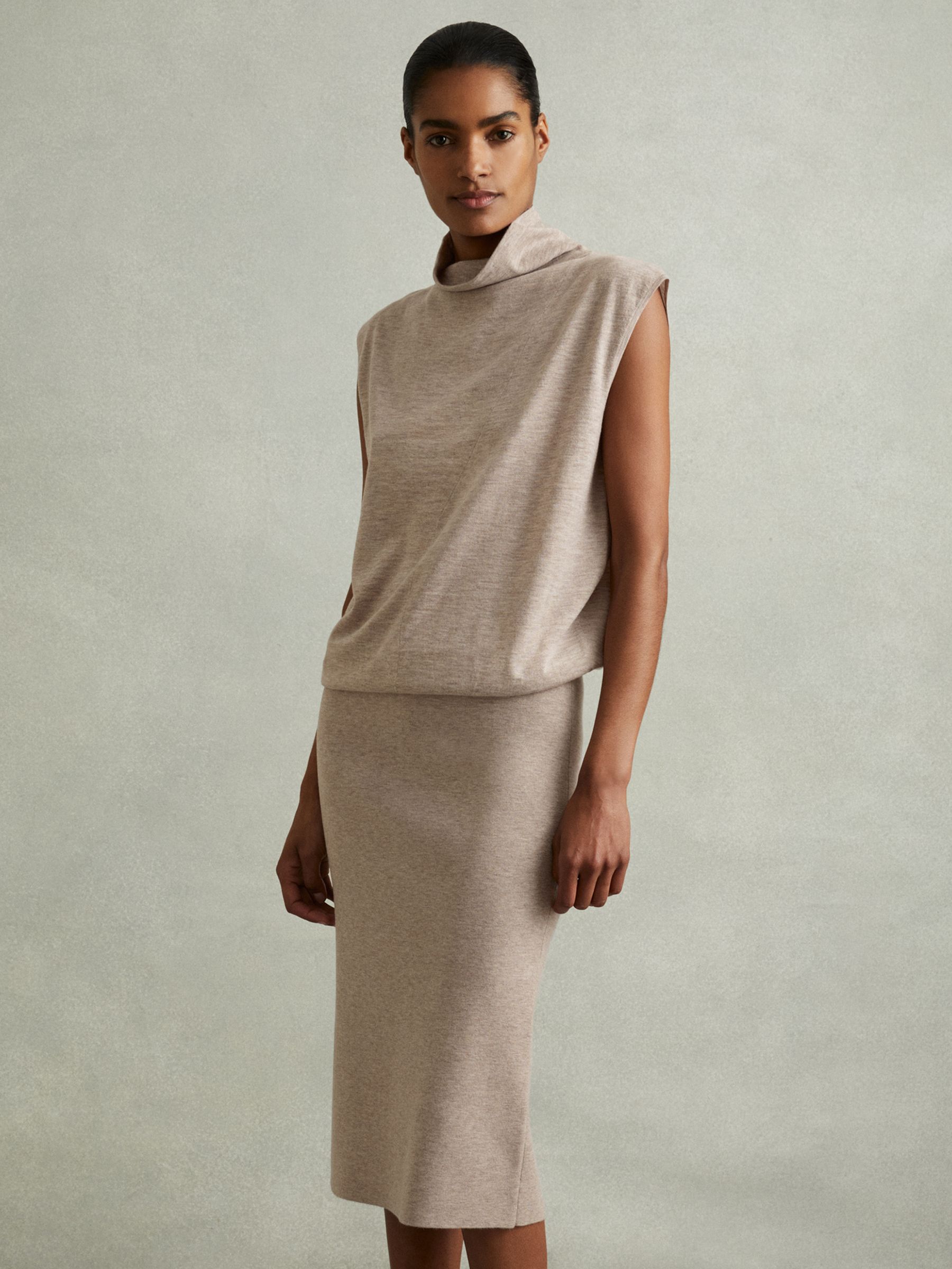 Petite Knitted Wool-Cashmere Blouson Top Midi Dress in Neutral