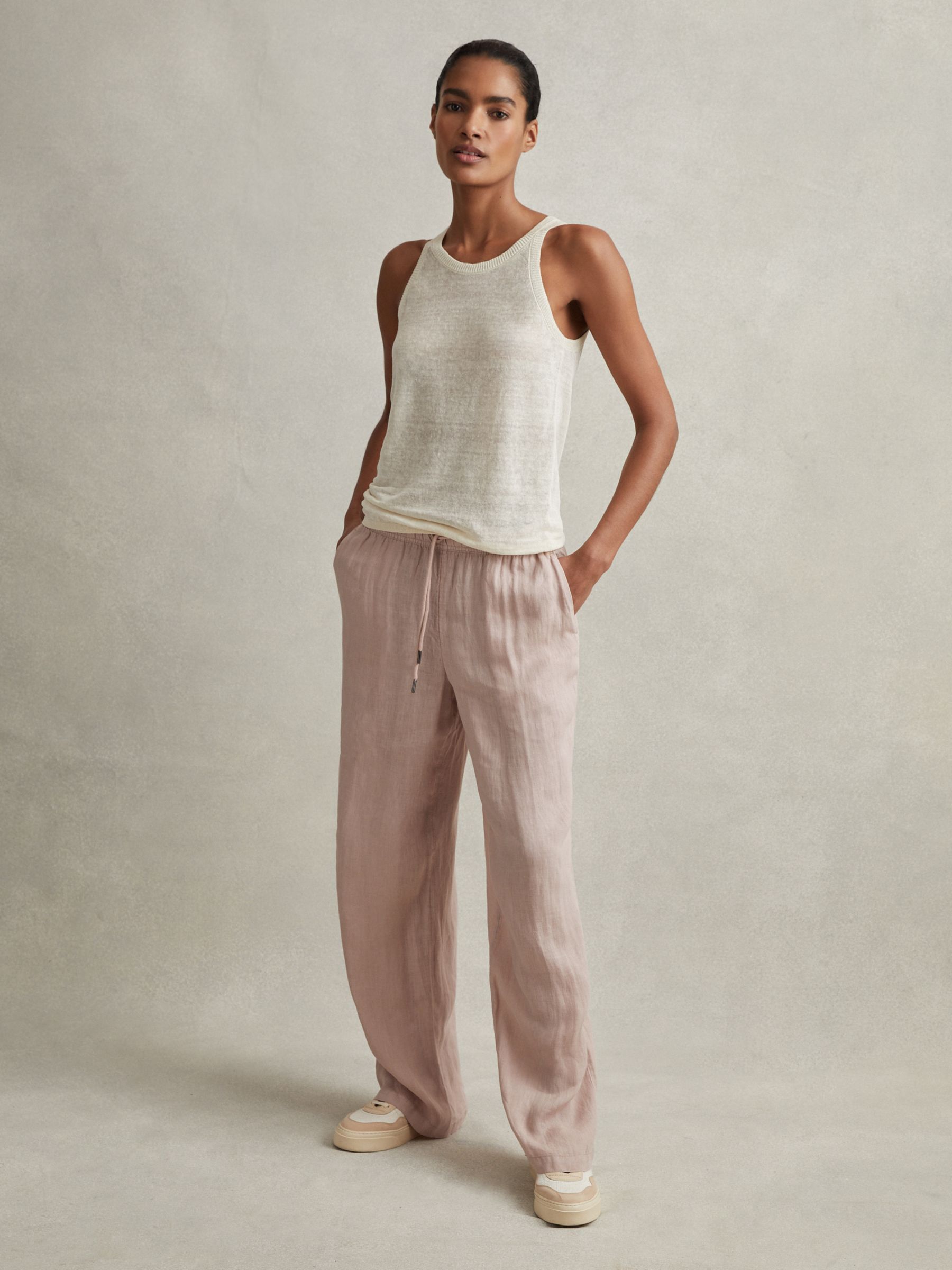 Garment Dyed Wide Leg 100% Linen Trousers in Dusty Pink