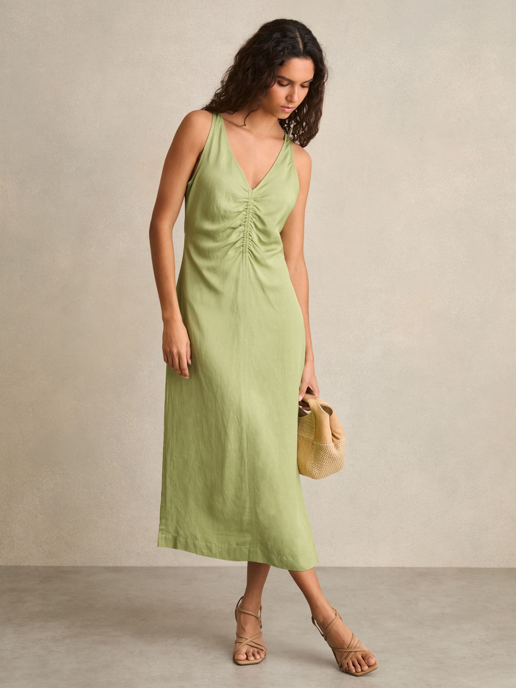 Ruched Sleeveless Midi Dress With Linen in Green
